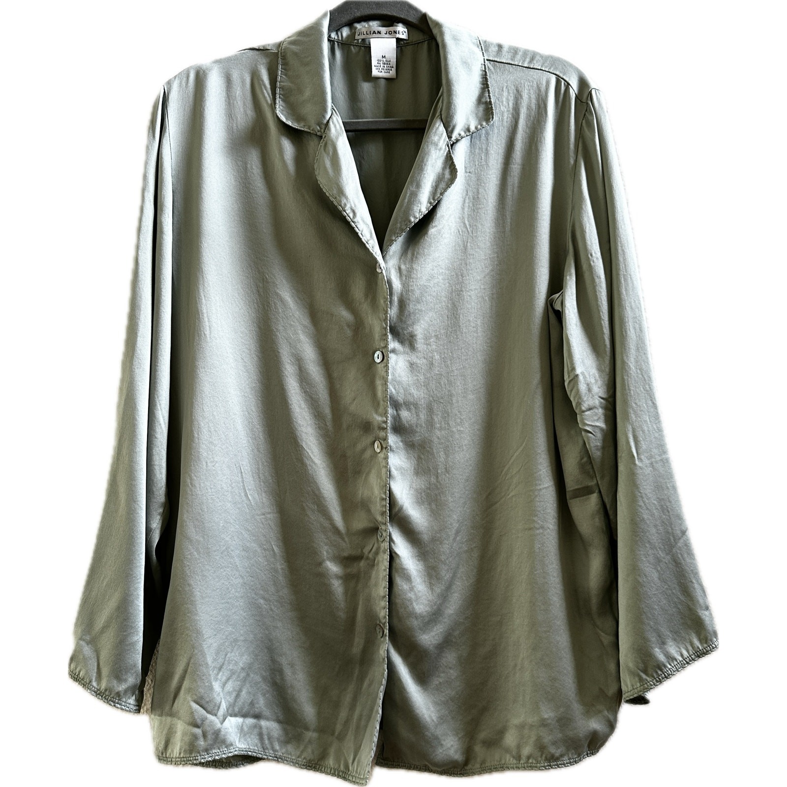 Sage Green Silk Blouse Womens M Lightweight Button Top Minimalist Workwear