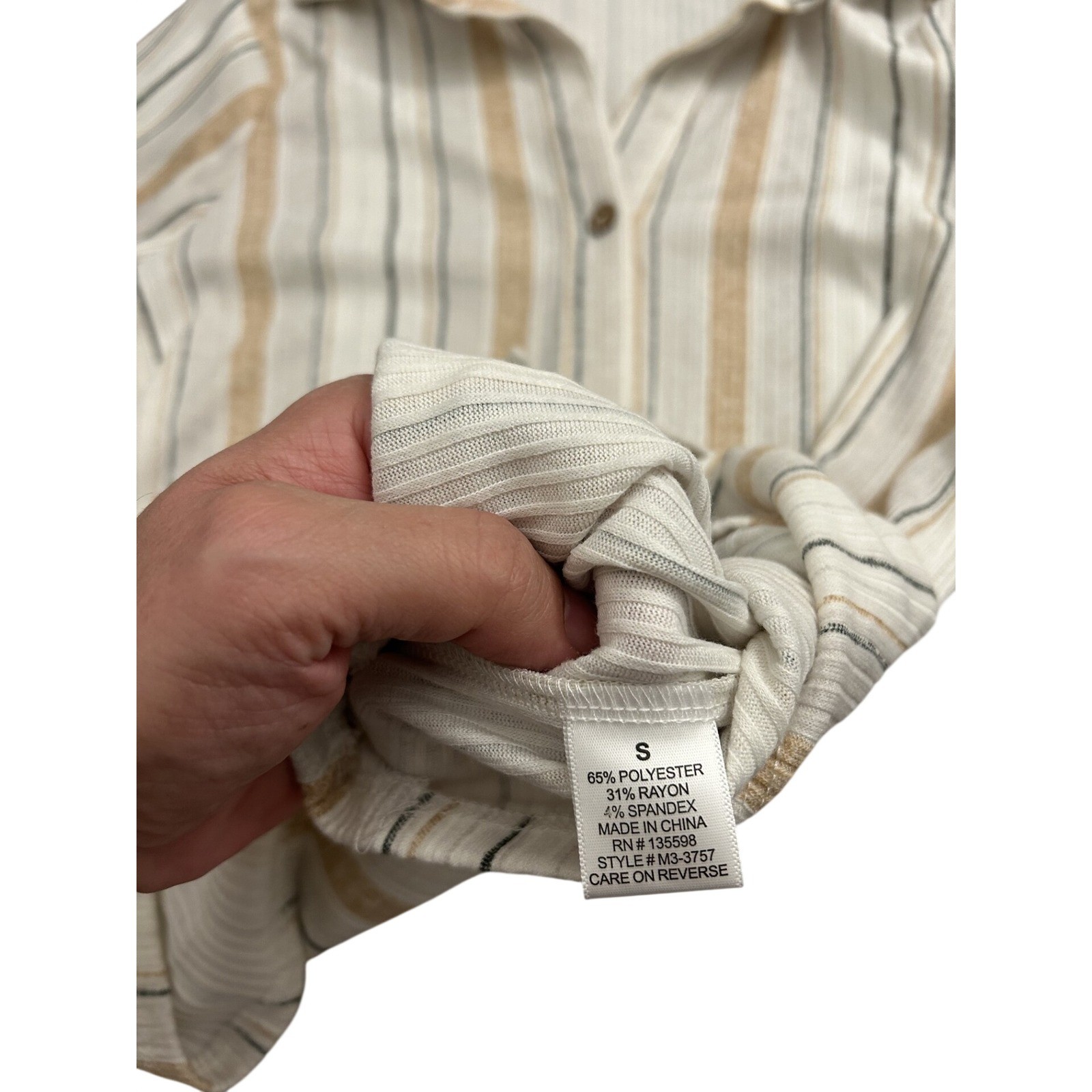 CURE Striped Ribbed Knit Button Down Shirt Womens S Tan White NWT