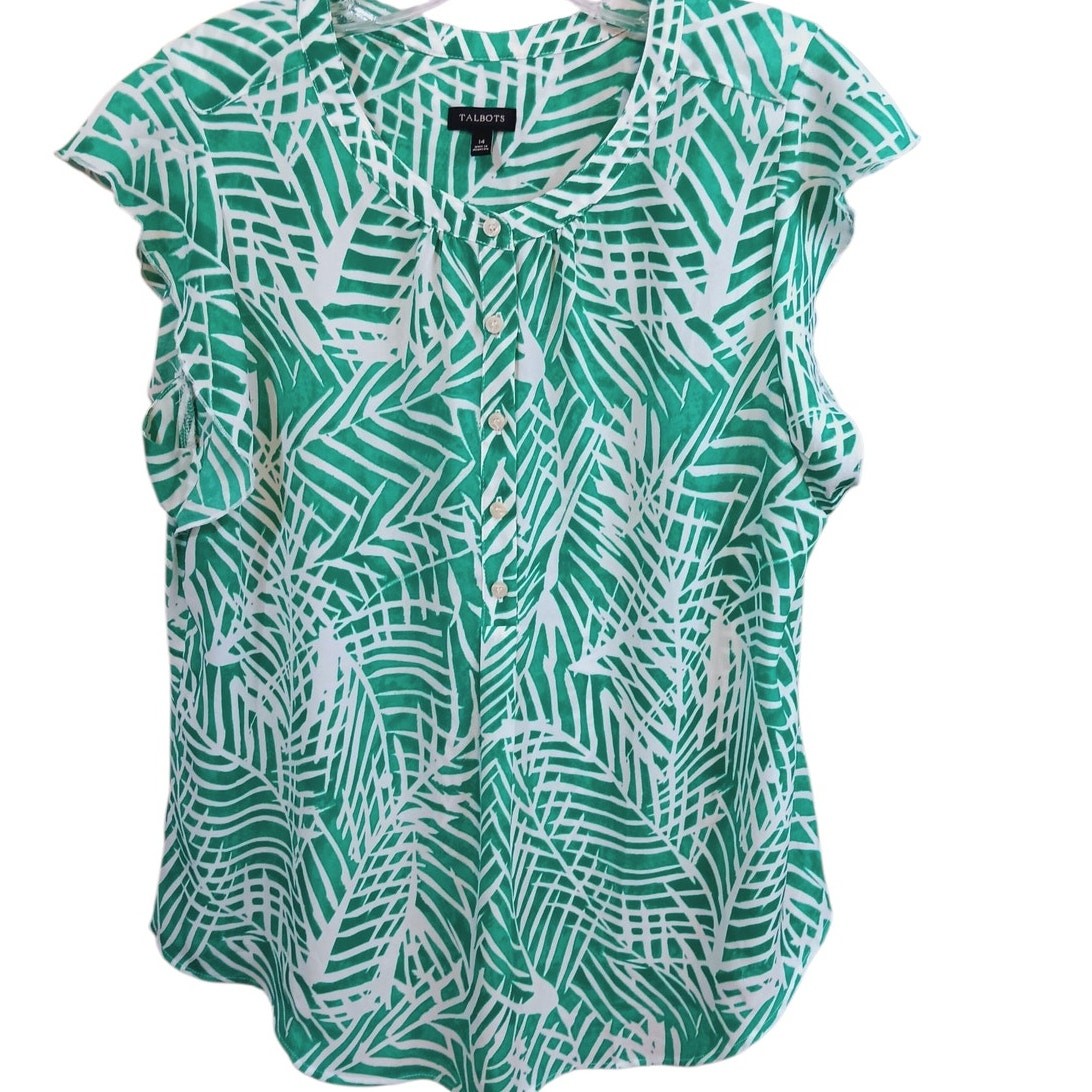 TALBOTS Blouse Top Size 14 Green White Career Office Travel Light Classic Chic