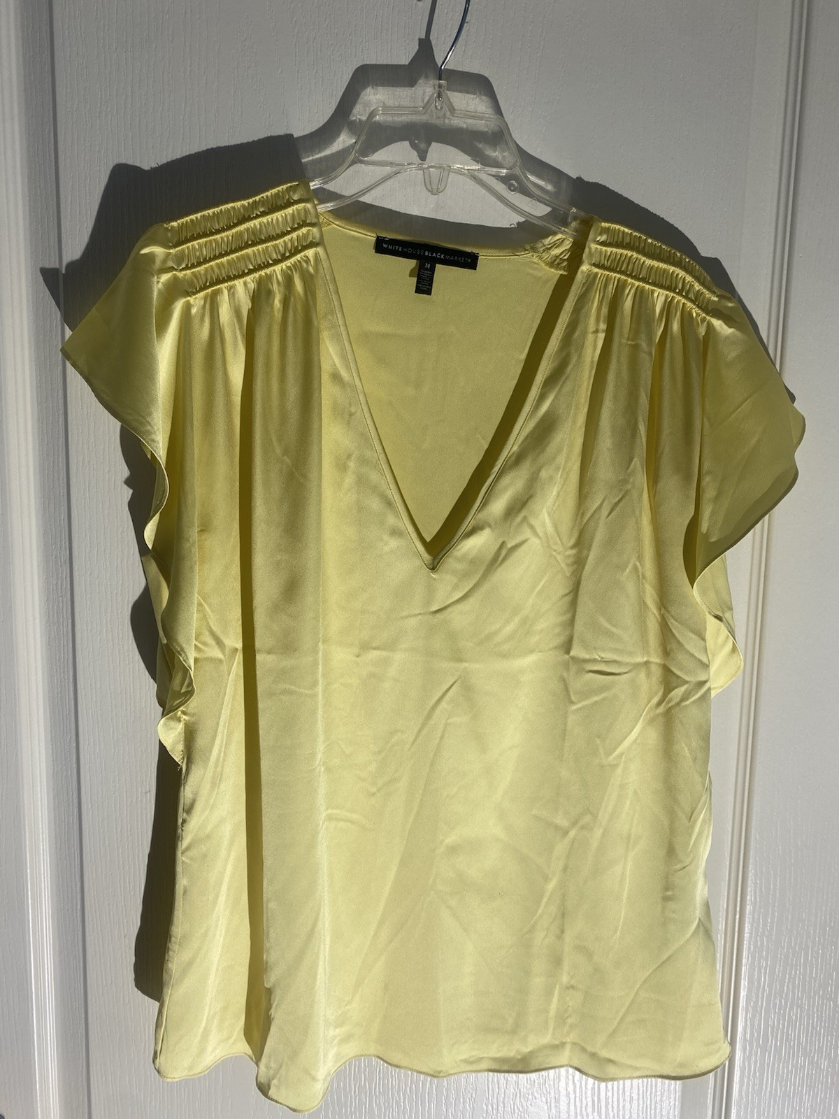 White House Black Market Women’s Yellow Satin Pleated V-Neck Blouse M