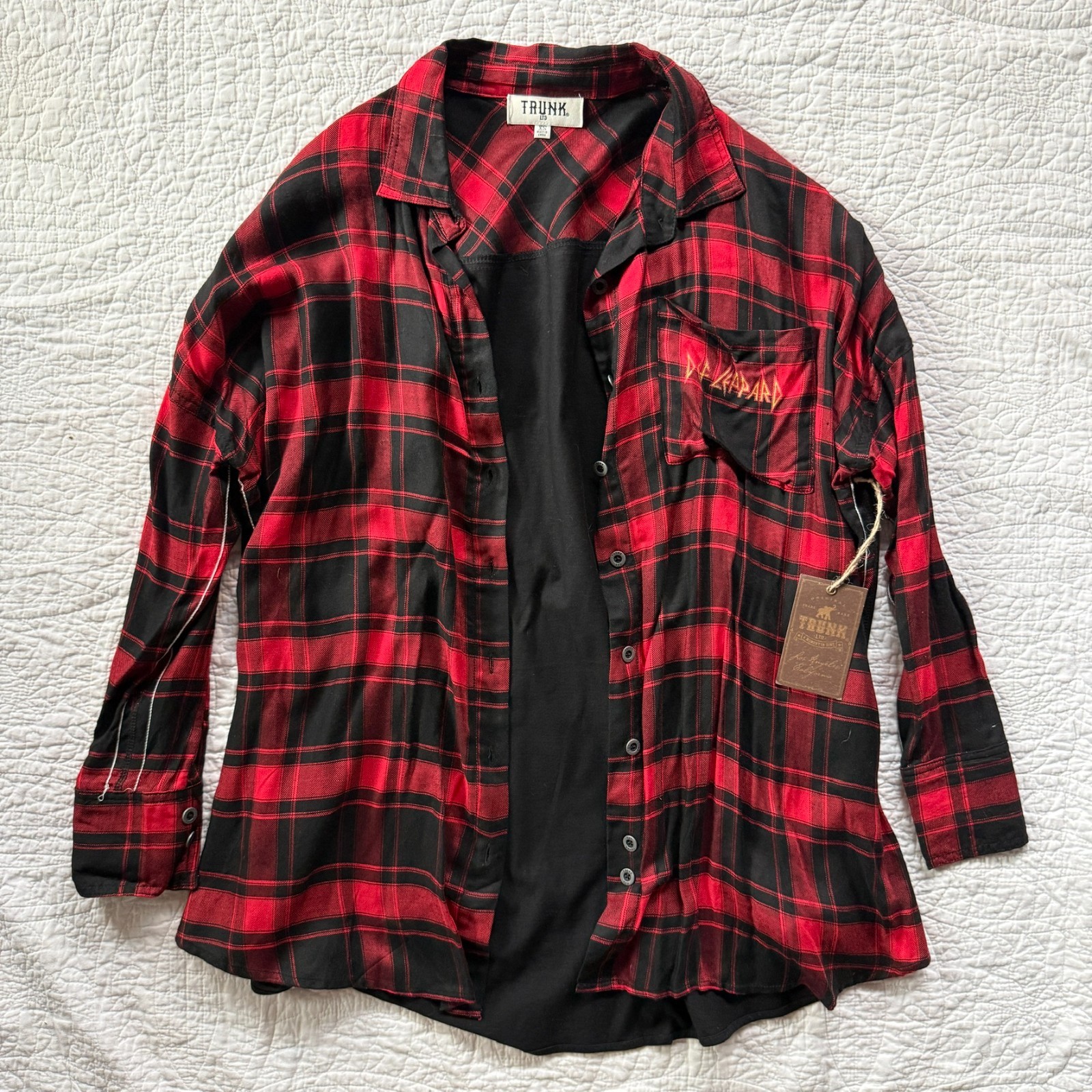 Trunk LTD Def Leppard Adrenalize Red Plaid Button Up Size S Oversized 90s Grunge