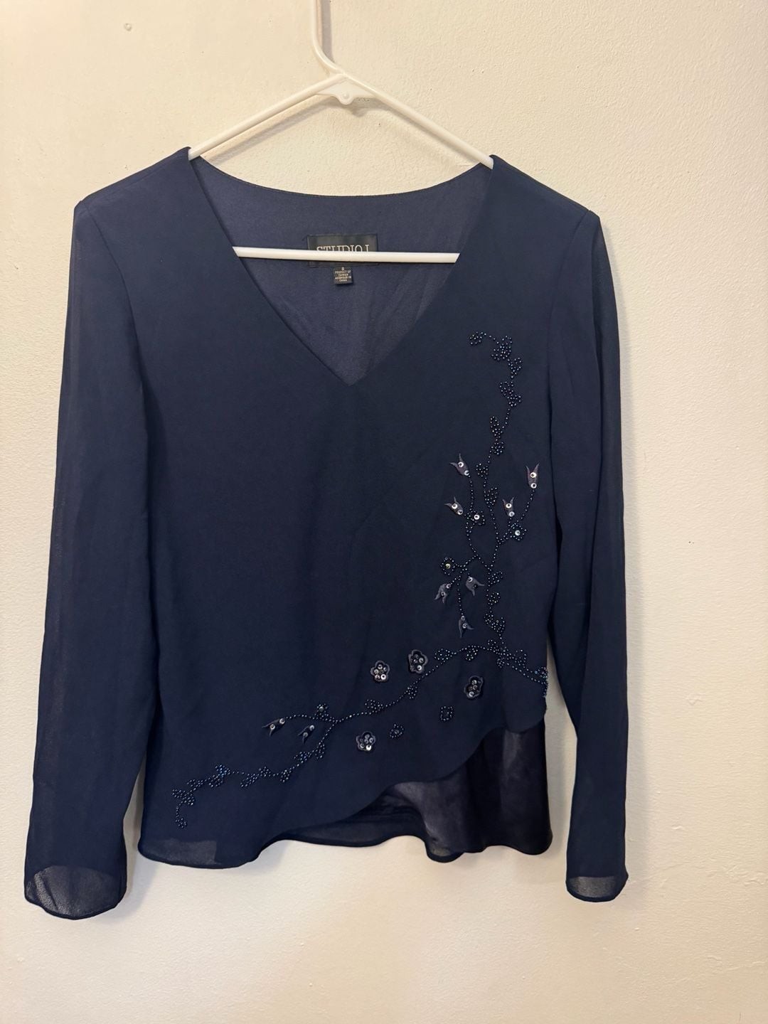 Studio I Vintage Navy Blue Beaded and Sequined V-Neck Chiffon Blouse