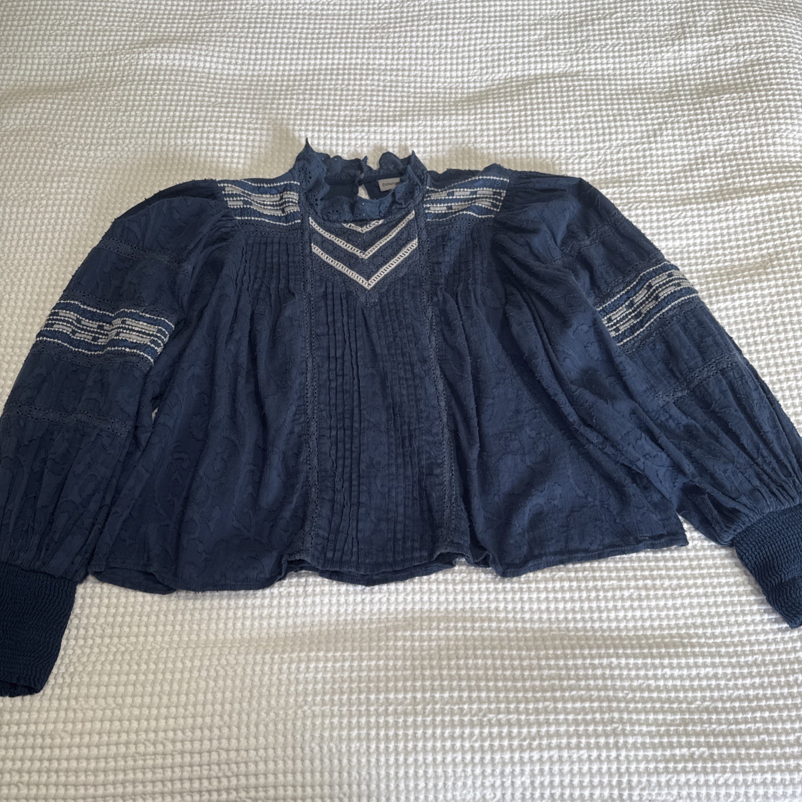 Conditions Apply Navy Blue Eyelet Ruffle Embroidered Blouse Top Womens XL