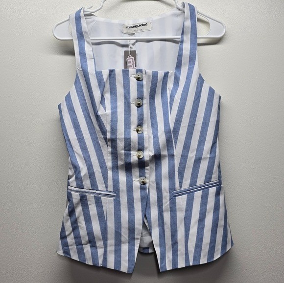 Missguided Striped Vest Small Button Front NWT Blue White