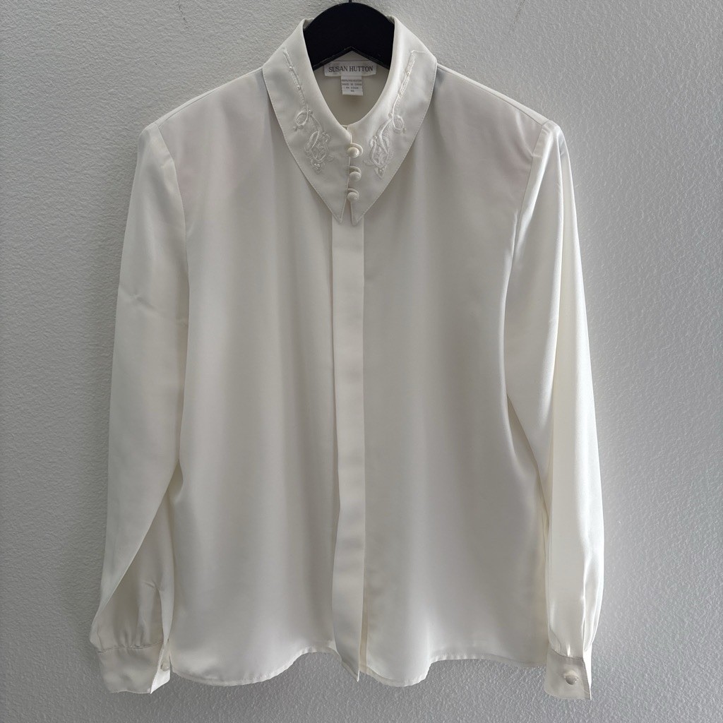 True Vintage Susan Hutton White Beaded Embroidered Button Up Blouse Size 10