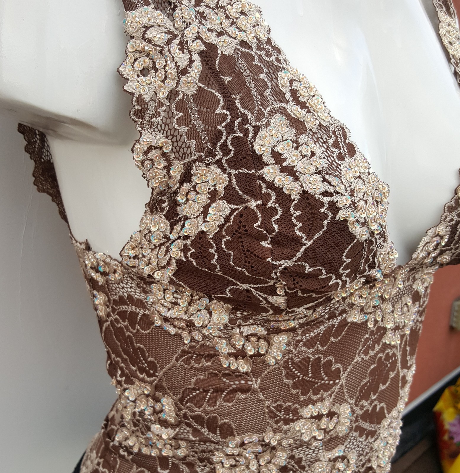 SEQUINNED LACE TOP CAMI WAIST LENGTH BLOUSE IN BROWN BEIGE COLOR HAND BEADED.