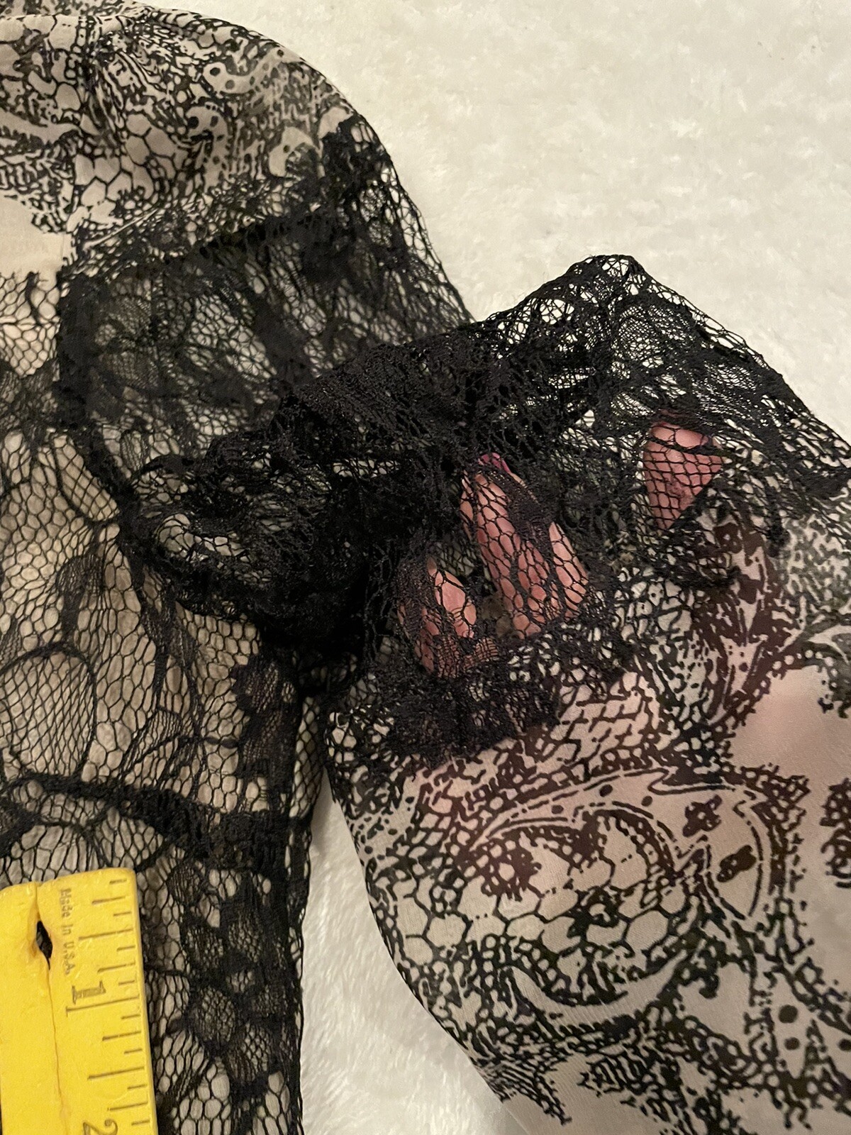 Miss Me lace fringe flowy sheer blouse shirt womens size small black tan EUC