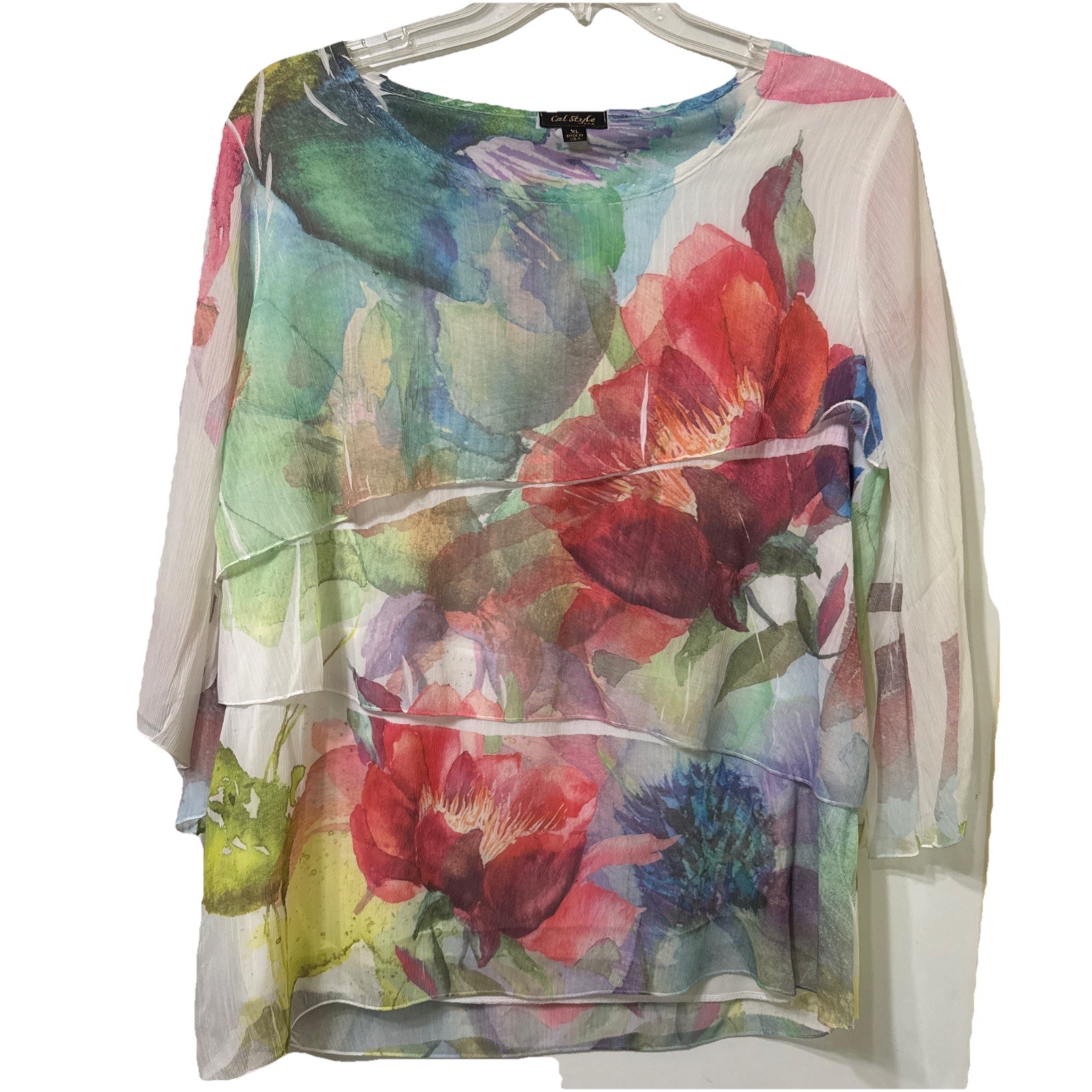 Cal Style Women’s Layered Blouse XL Colorful Floral Made in USA