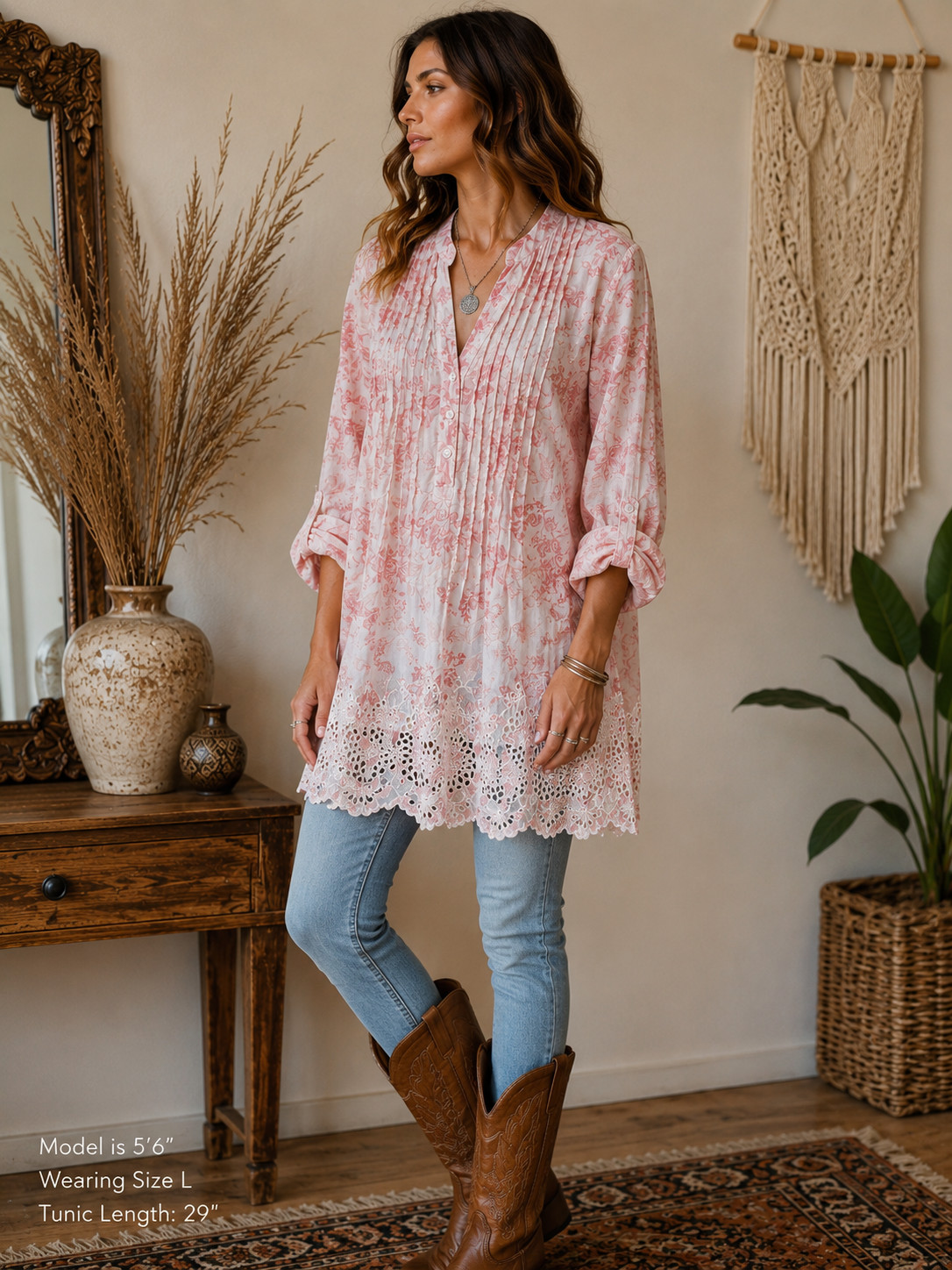 Style & Co Pink Floral Cotton Boho Tunic Top L Pintuck Eyelet Lace Cottage