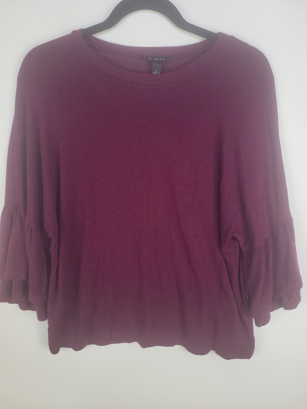 A. Byer Women’s Blouse Size L Purple Ruffle Bell Sleeve Stretch Top Rayon Blend