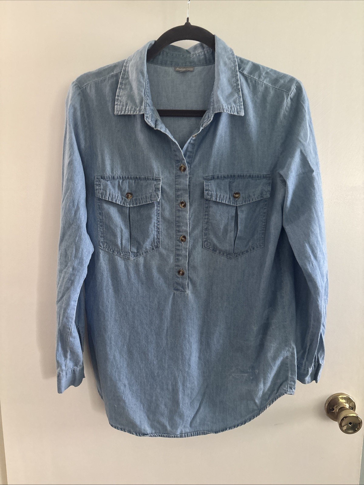 Charlotte Russe Womans Chambray Tunic Shirt Size Small Button Up Roll Tab Sleeve