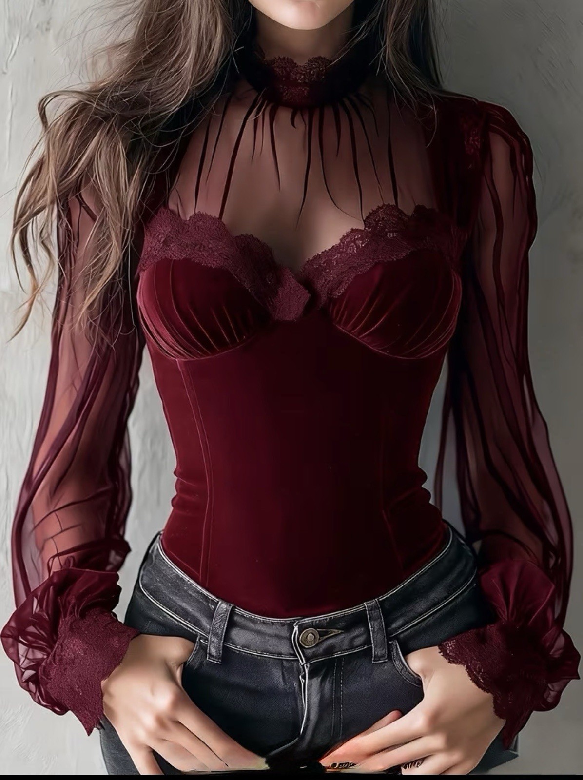 Ladies Velvet Blouse Shirt Long Mesh Sleeve Elegant Special Edition Burgundy XXL