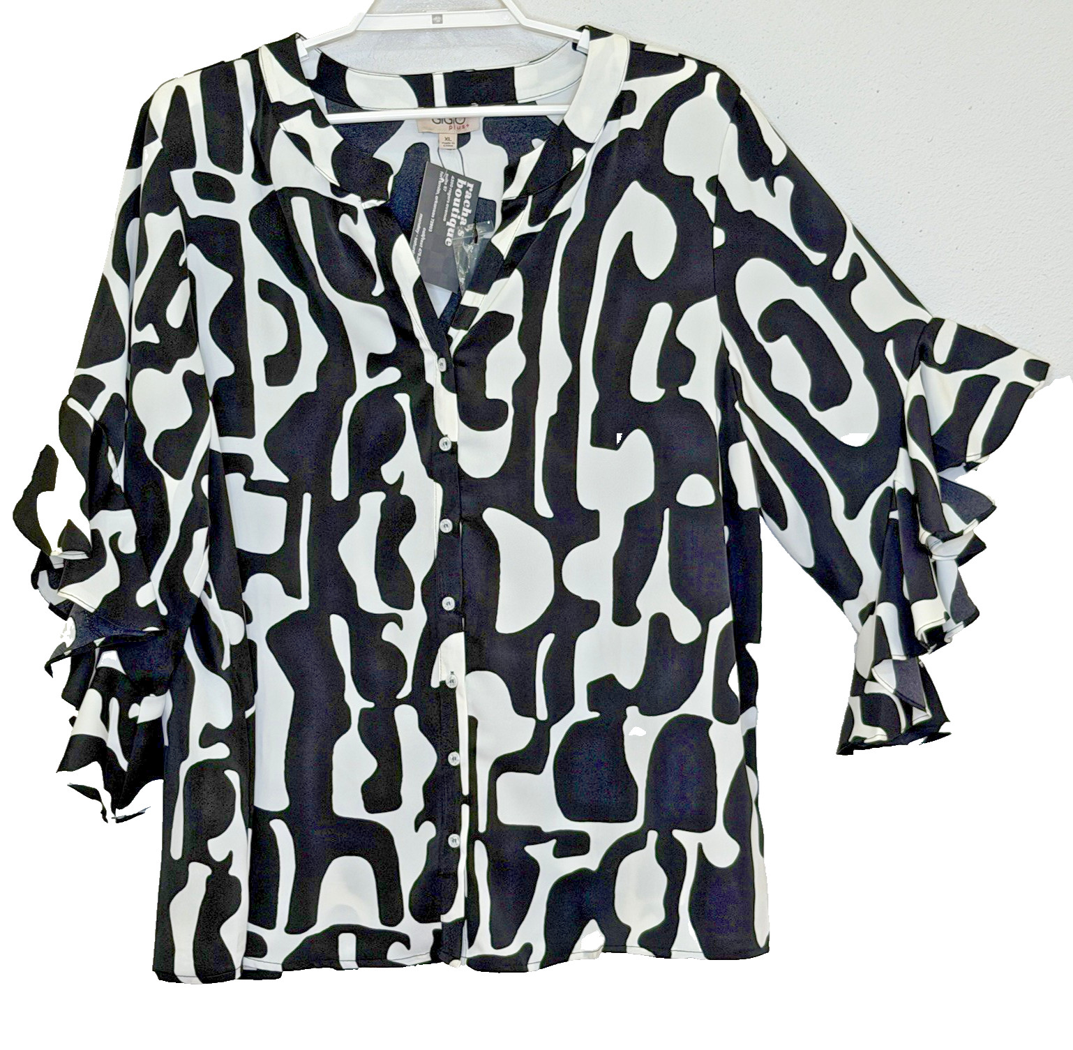 GiGio plus+ Top Womens XL Black Ivory Print 3/4 Ruffle Bell Sleeve Button Front