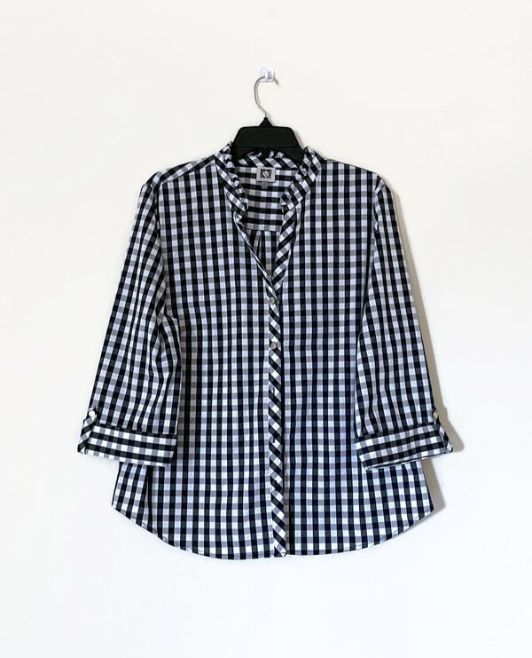 Anne Klein Plaid 3/4 sleeve buttoned shirt with button on sleeve