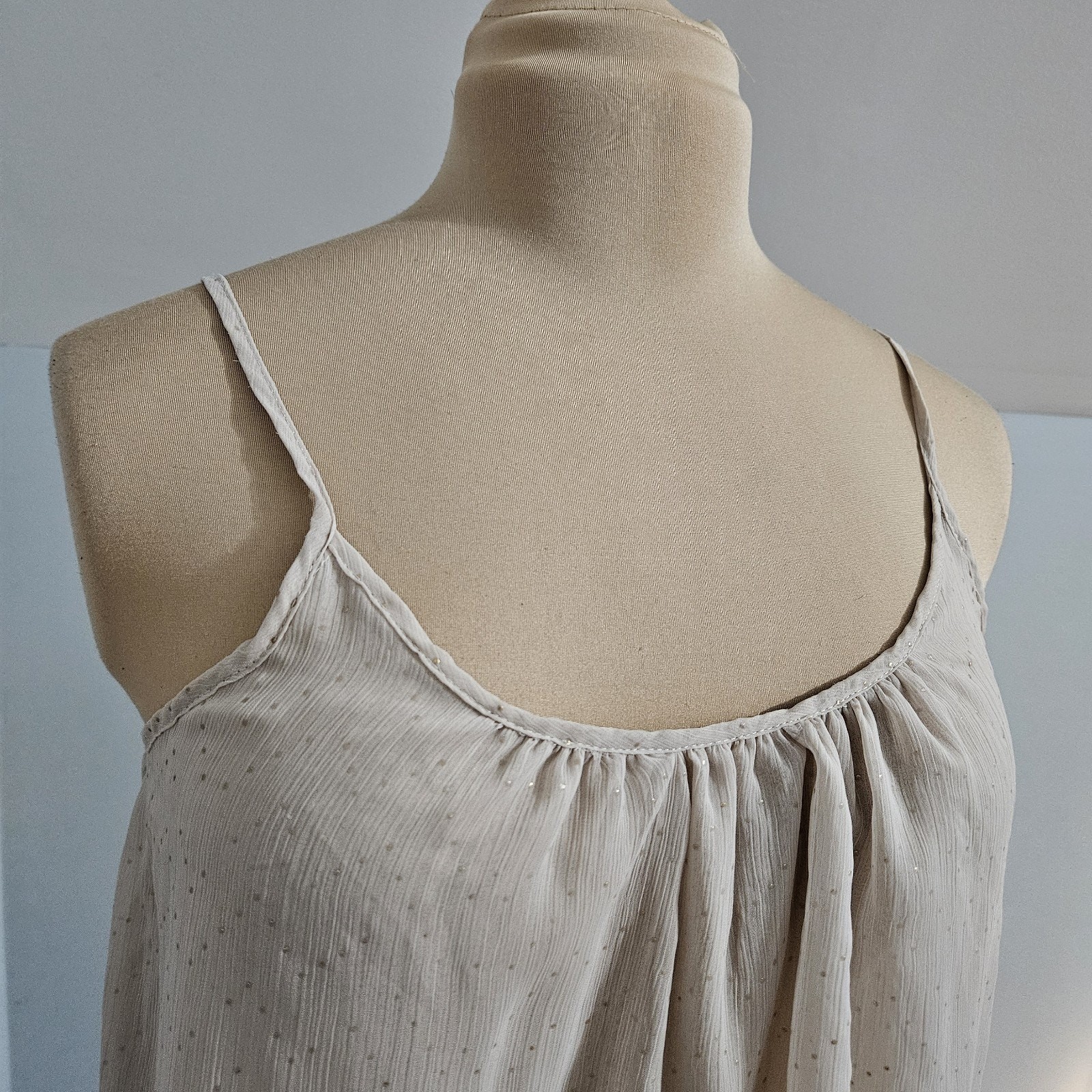 Xhilaration Tank Top Cream Gold Polka Dot Sheer Tiered Layer Fairy Y2K Flouncy