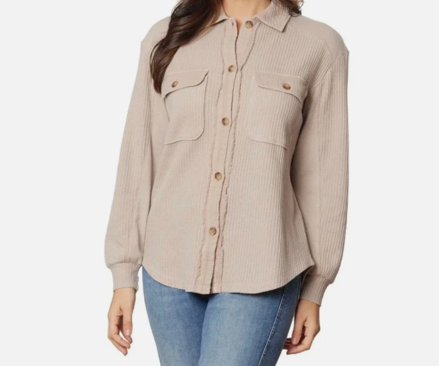 Briggs Women’s Waffle Button-Front Long Sleeves Pockets Shirt, Tan, Size M