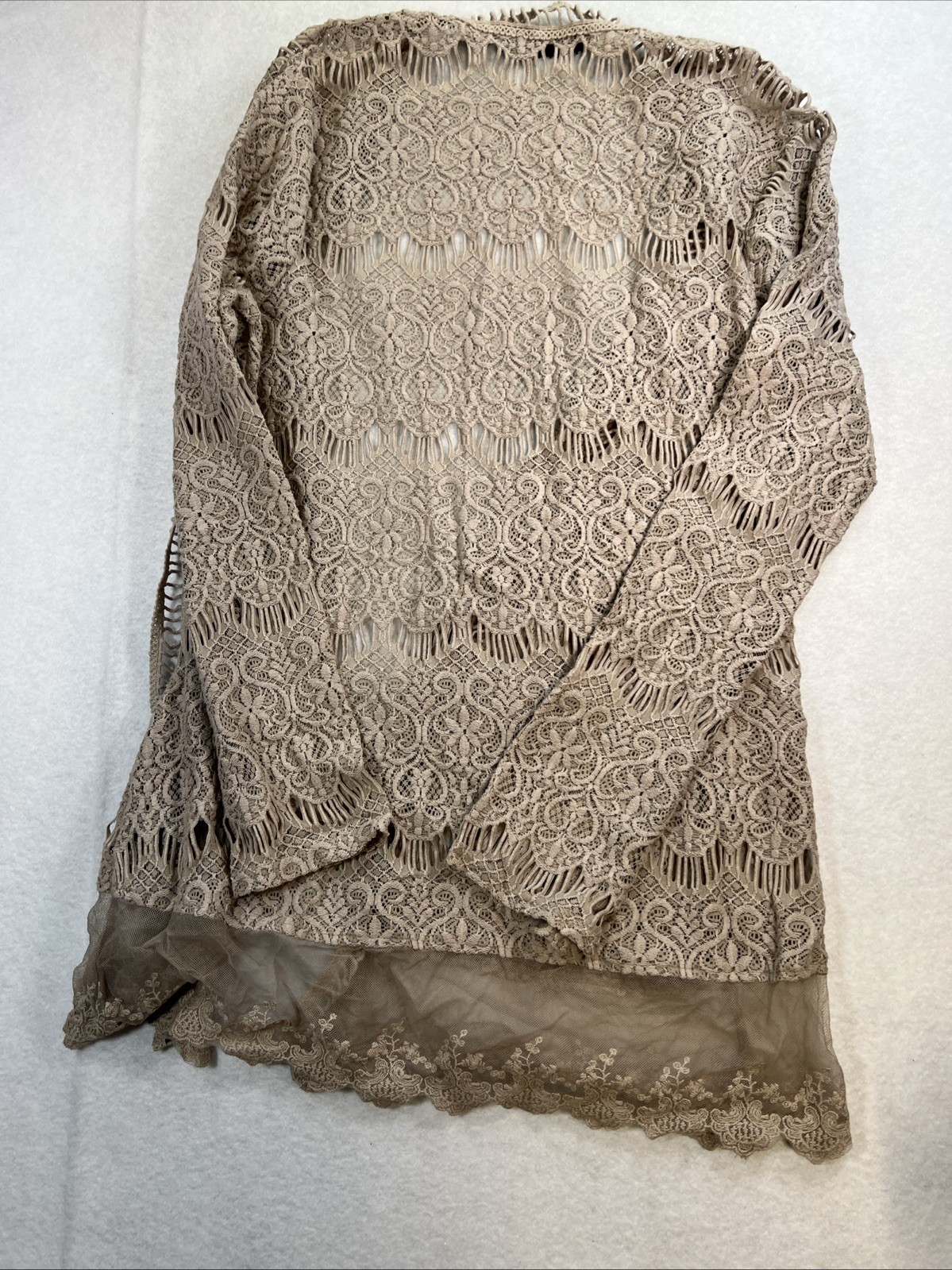 BKE boutique Open Front Cardigan L Crochet Lace Taupe Boho Sheer Lace Trim Women