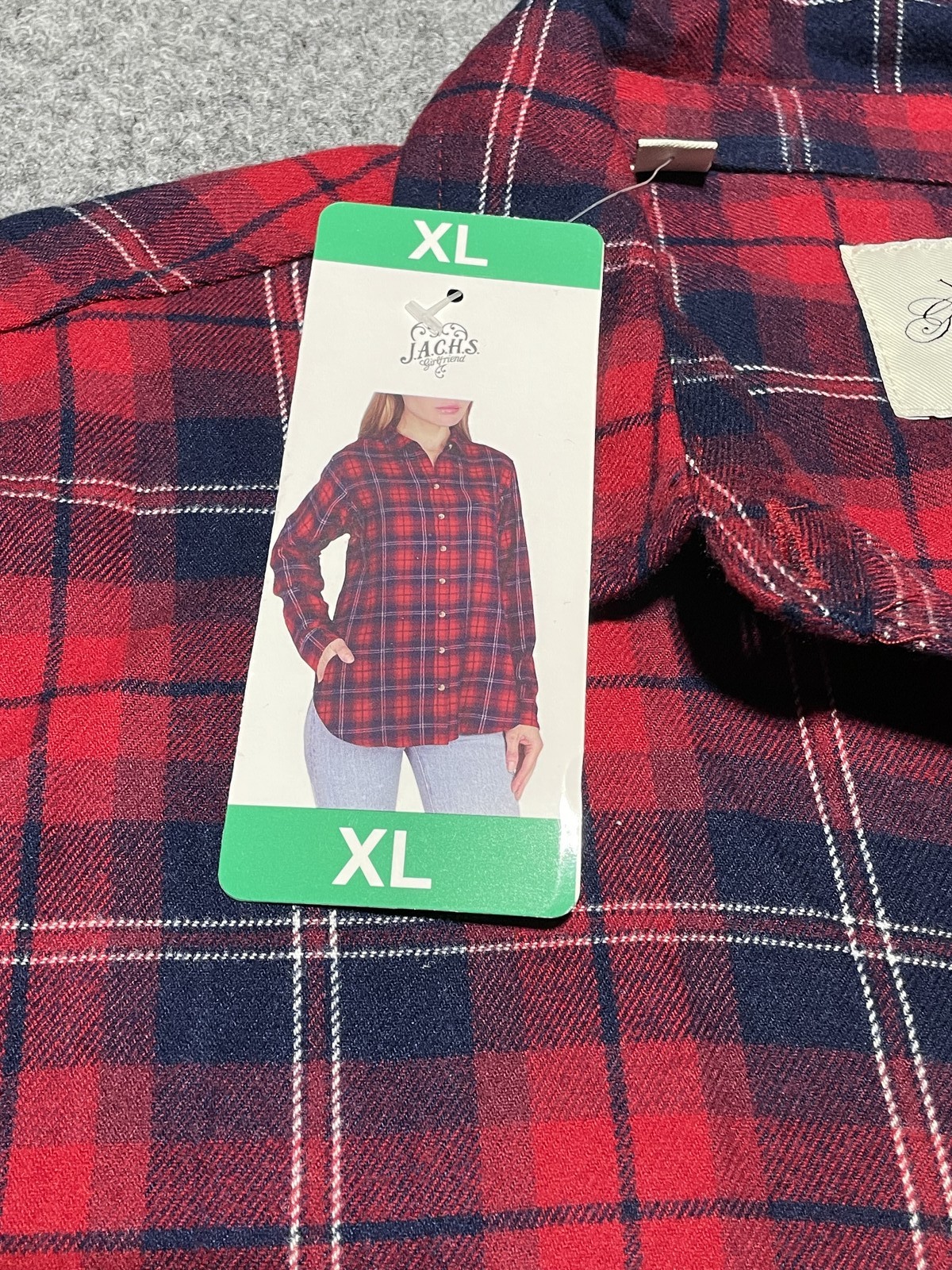 JACHS Girlfriend Women’s Red Navy Plaid Button Down Flannel Shirt Top XL New