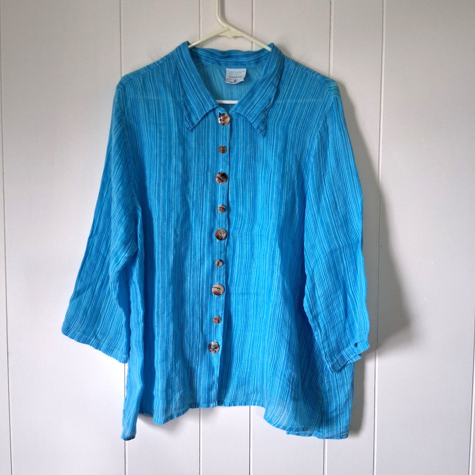 Click Color Me Cotton Linen Top Women’s XL Blue Stripe Button Front 3/4 Sleeve