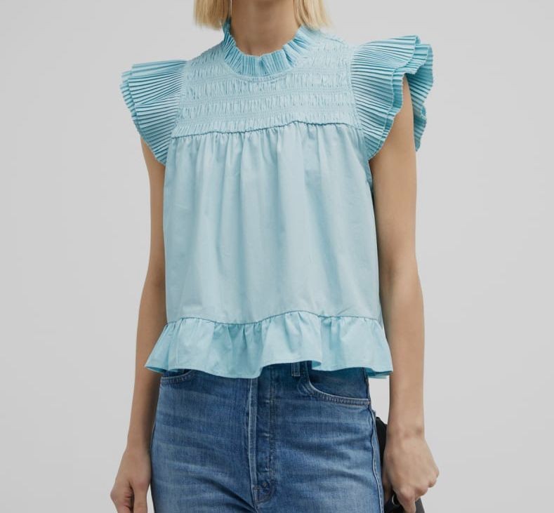 $175 Love The Label Women’s Blue Poppy High-Neck Ruffle Short Sleeve Top Size S