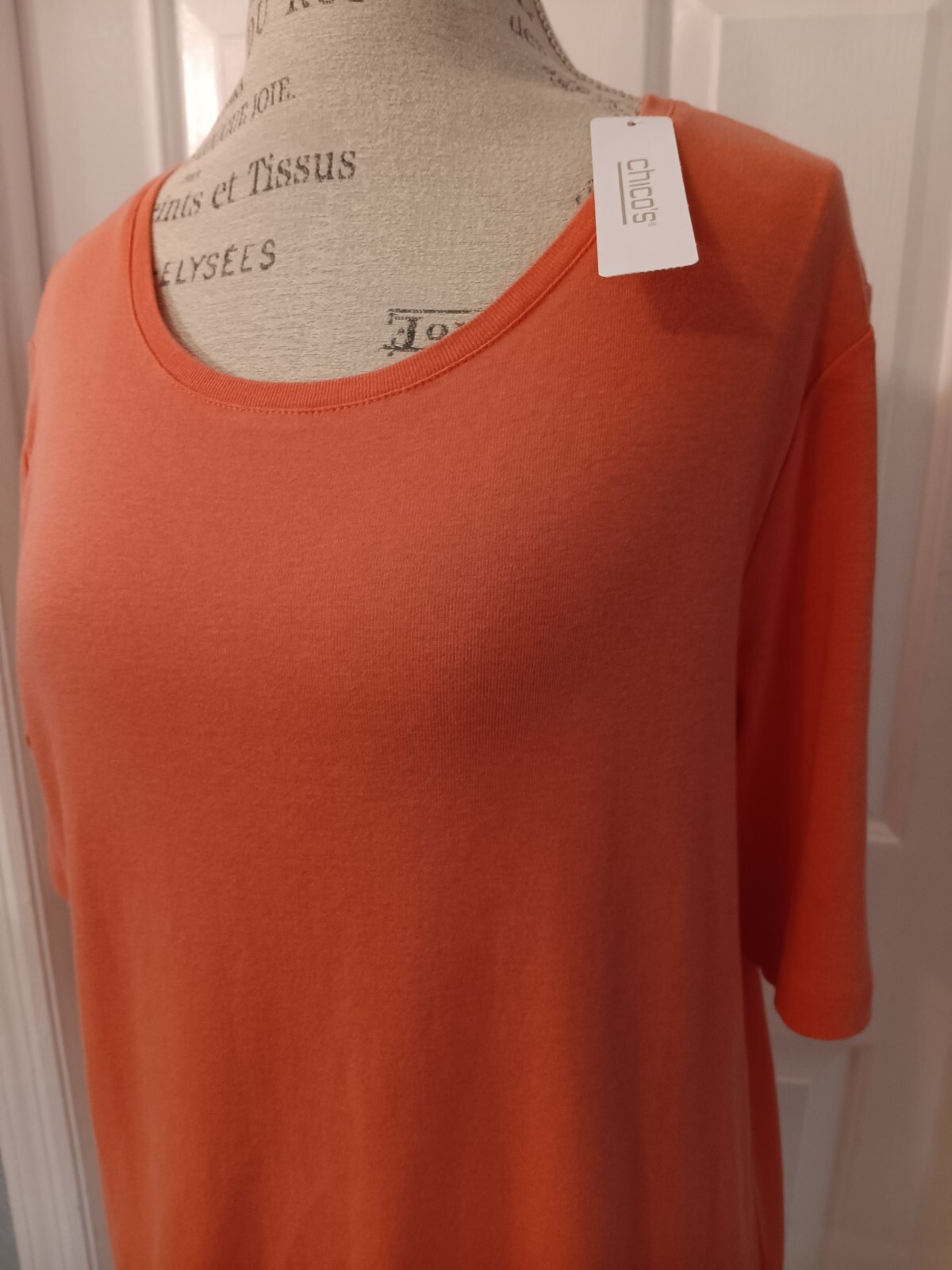 NWT~CHICO’S~~Bella SHORT SLV scoop neck TOP~soft cotton~”MELON MAMBO”~sz 3~XL
