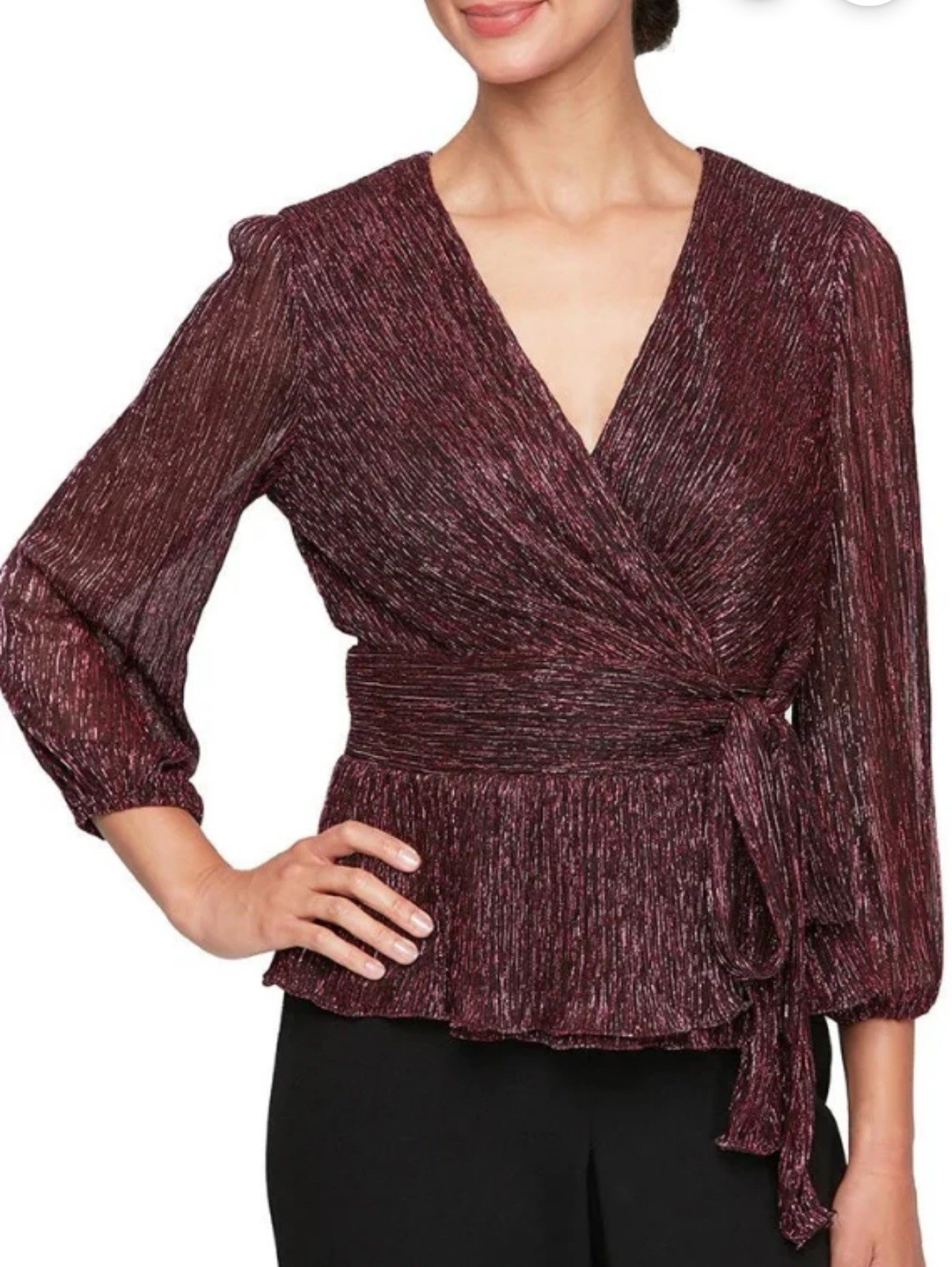 NWT Alex Evenings Sz Large Surplice Blouse Tie Waist Black Wine Metallic New