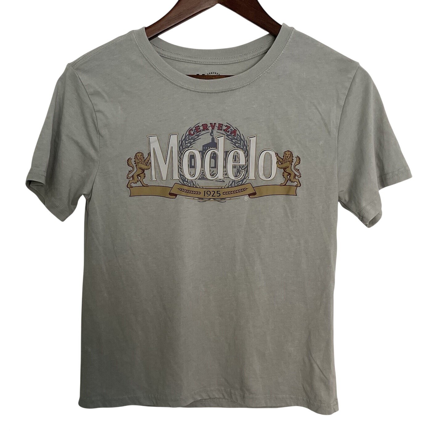 Modelo Beer Graphic TShirt Small Light Weathered Slate Gray Front Back Logo NWT