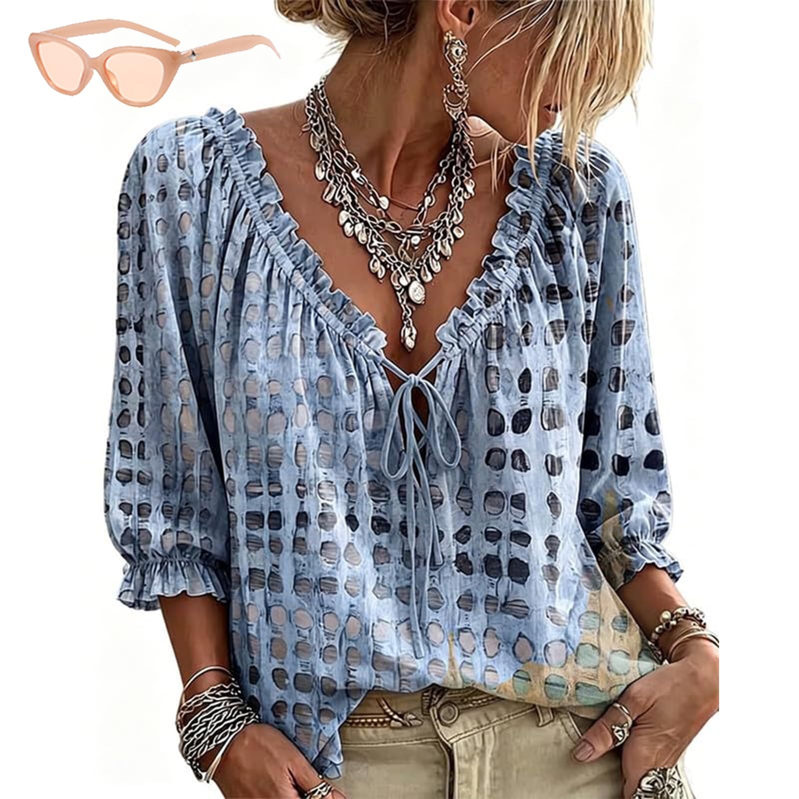 Women’s Summer Casual V Neck Polka Dot Lace Up 3/4 Sleeve Blouses, Dressy Loose