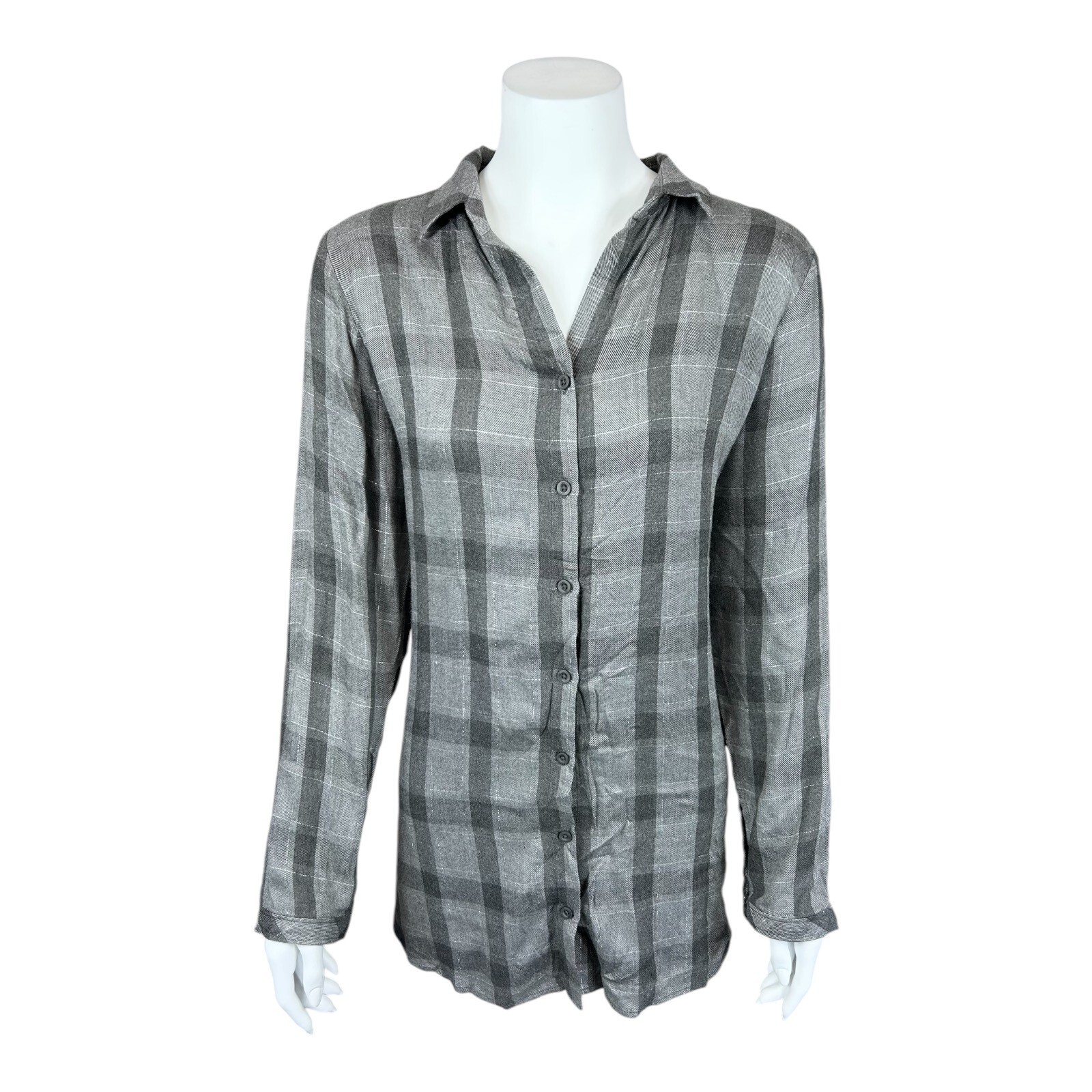 Side Stitch Women’s Button-Front Tunic with Lurex Detail Charcoal Medium Size