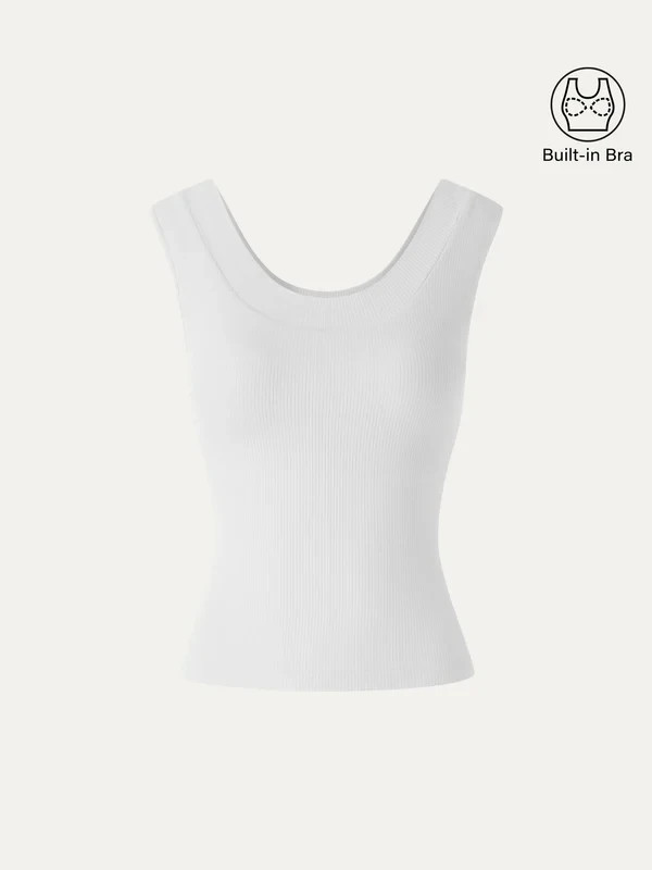 Women’s U Neck Tank Top Built In Bra Sleeveless Stretch Camisole, White,Freeship
