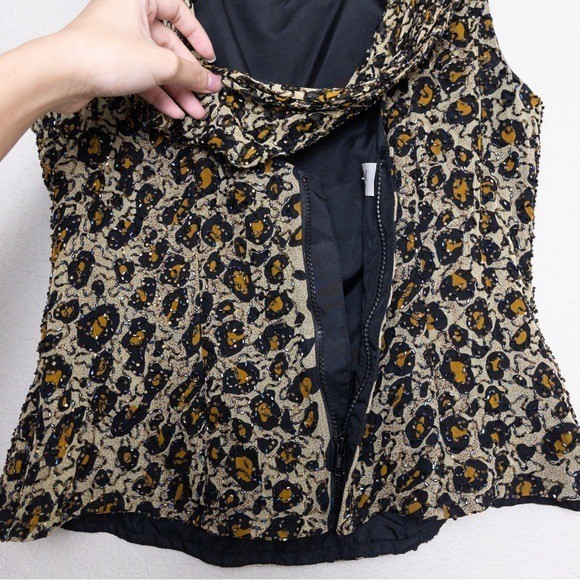 Vintage Sean Collection Silk Leopard Print Beaded Sleeveless Top XL Draped Lined