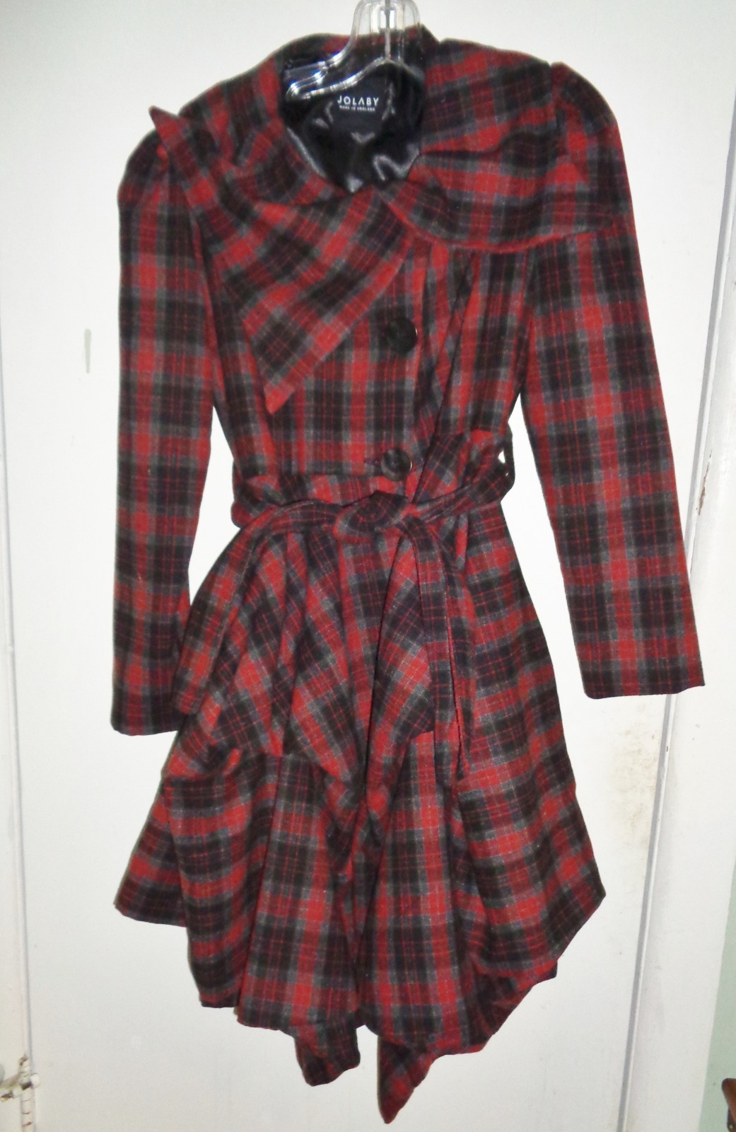 Women’s JOLABY Made in England Plaid Red Black Grey Coat Front Tie Size Small