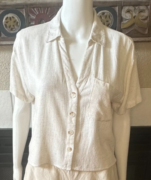 linen blend Love Notes Button-Down collared Blouse top Womens Large