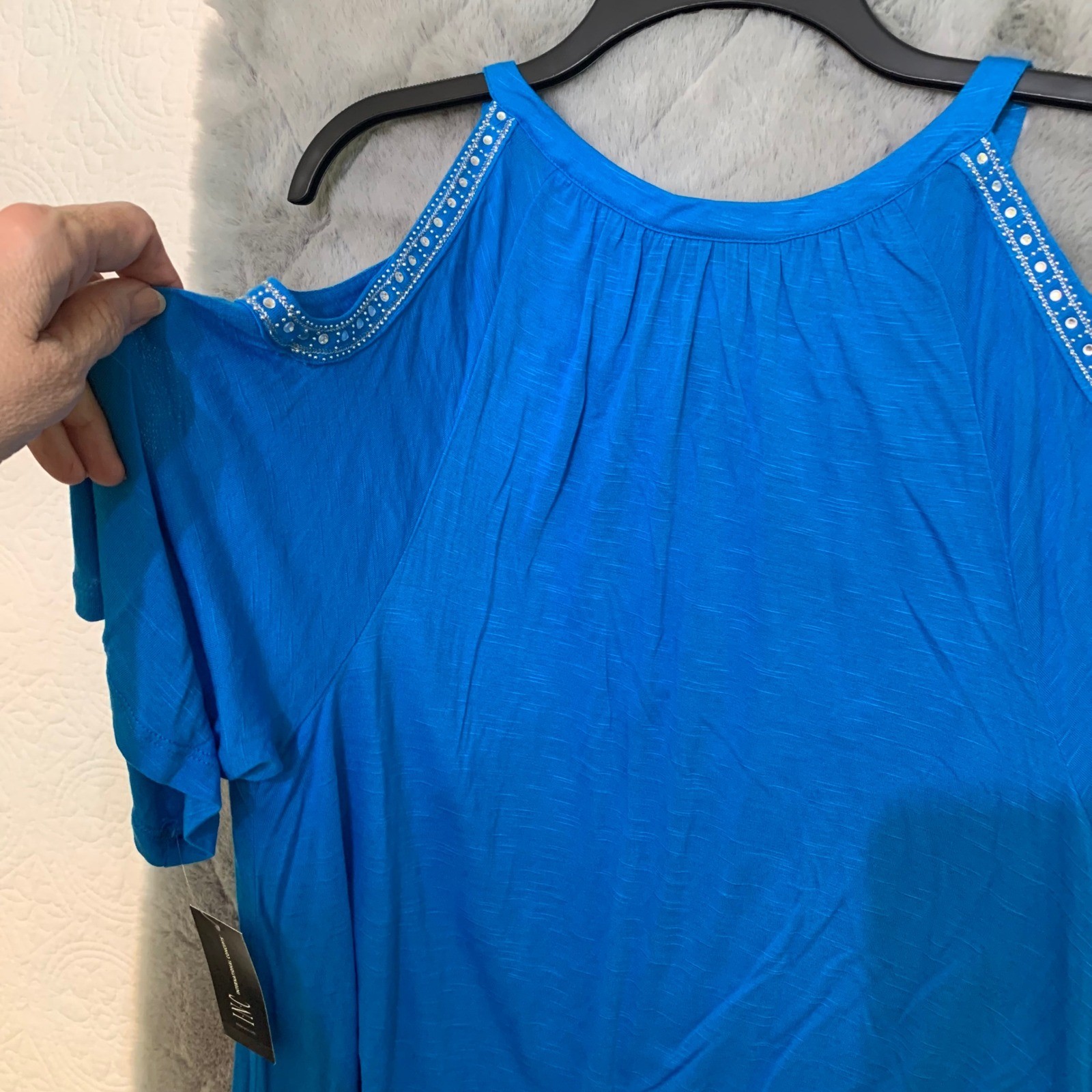 INC International Concepts Women XL Blue Cold Shoulder Rhinestone Top New w/Tags