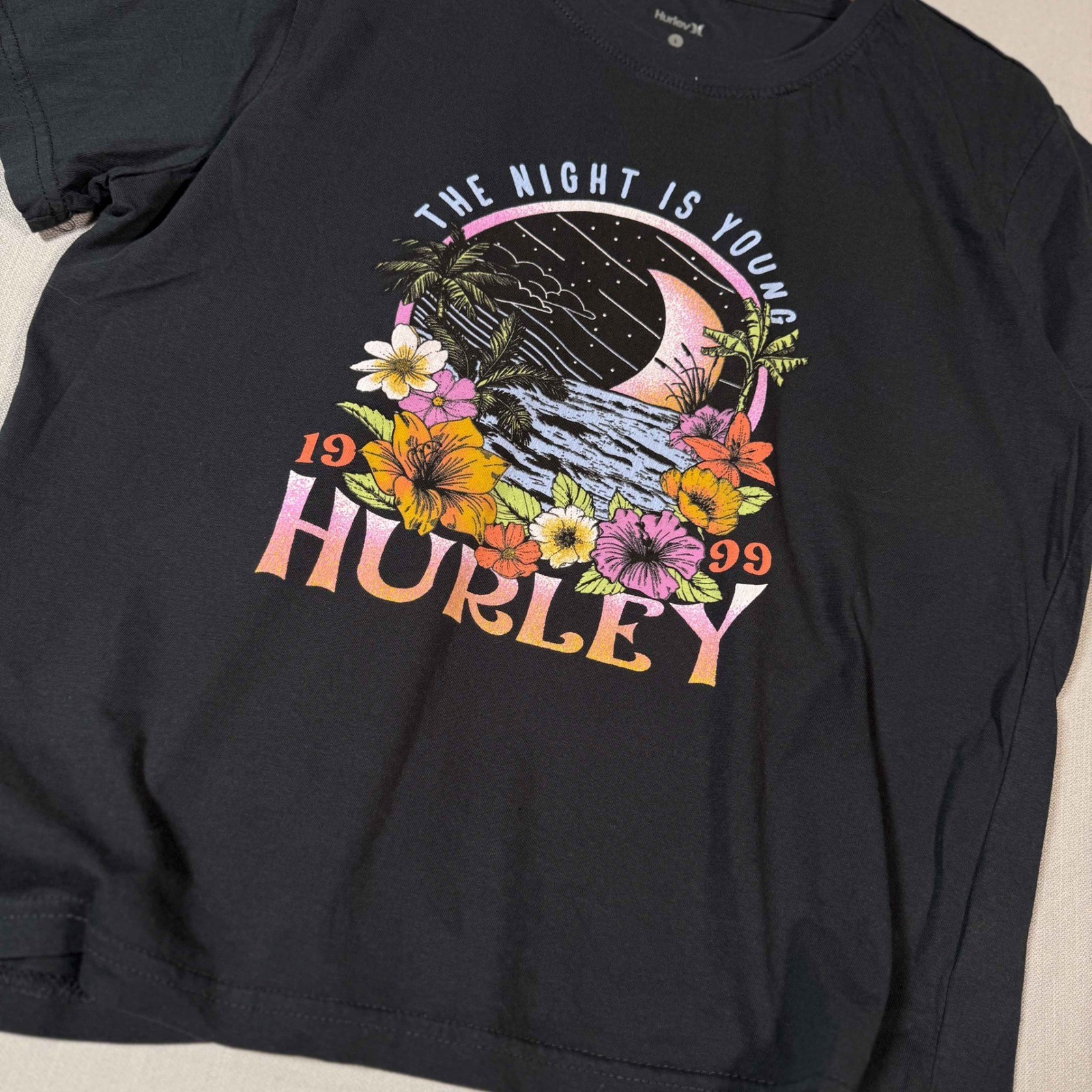 Hurley The Night Is Young Graphic Tee Black Tropical Floral Surf Shirt Large