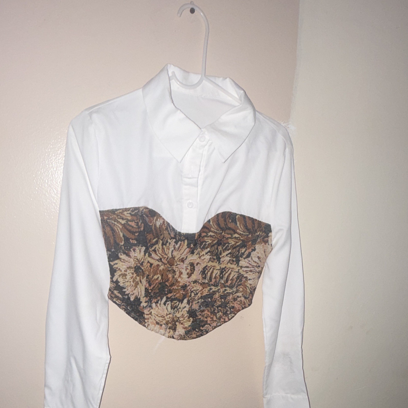Maternity Women’s S Woven Cotton Blouse White/Brown Floral Collared Crop