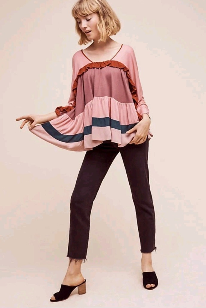 NWT Anthropologie Colorblock Ruffle Top by Meadow Rue XS Colorful Blouse