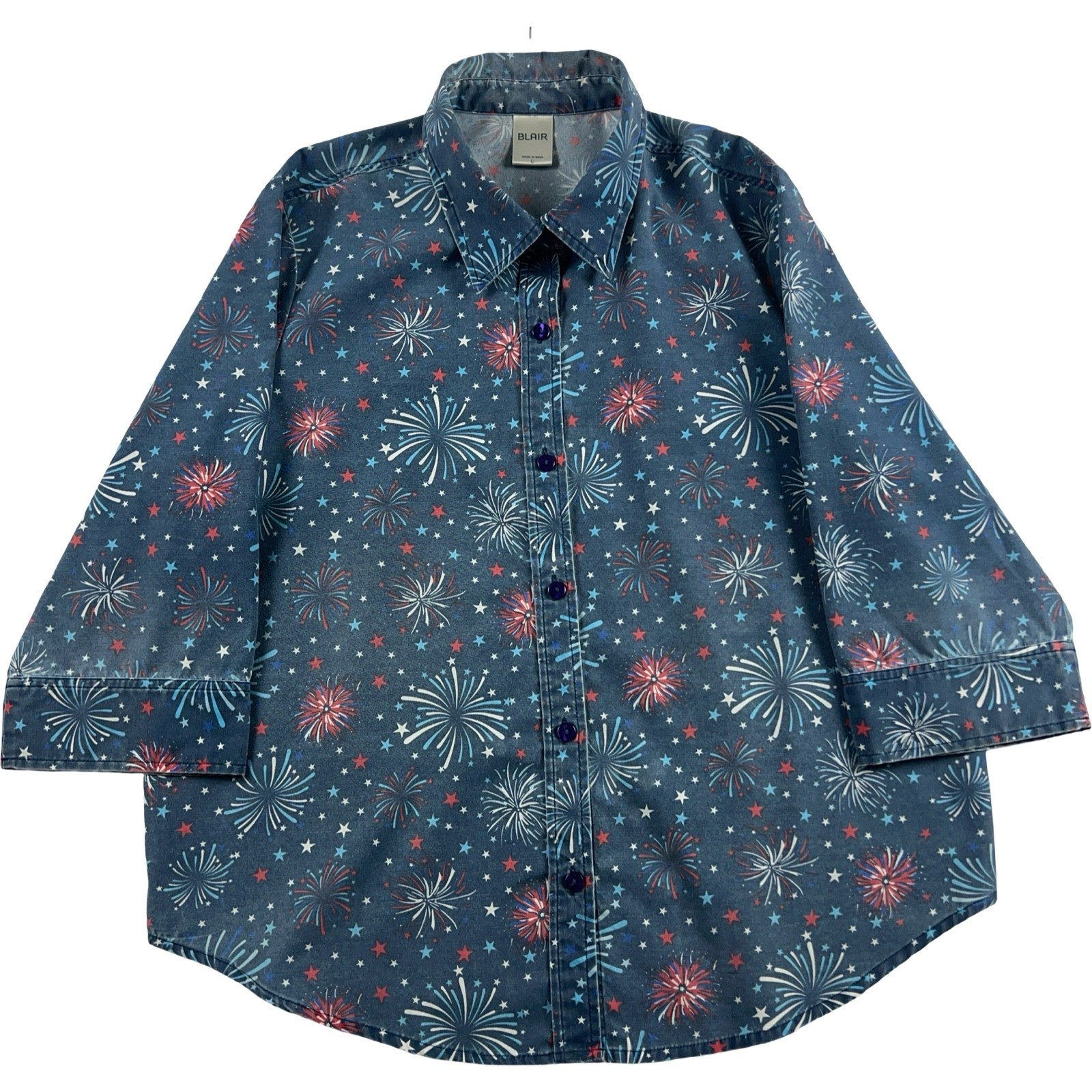 Blair Button Up Shirt Women Large Blue Fireworks Patriotic 3/4 Sleeve Top