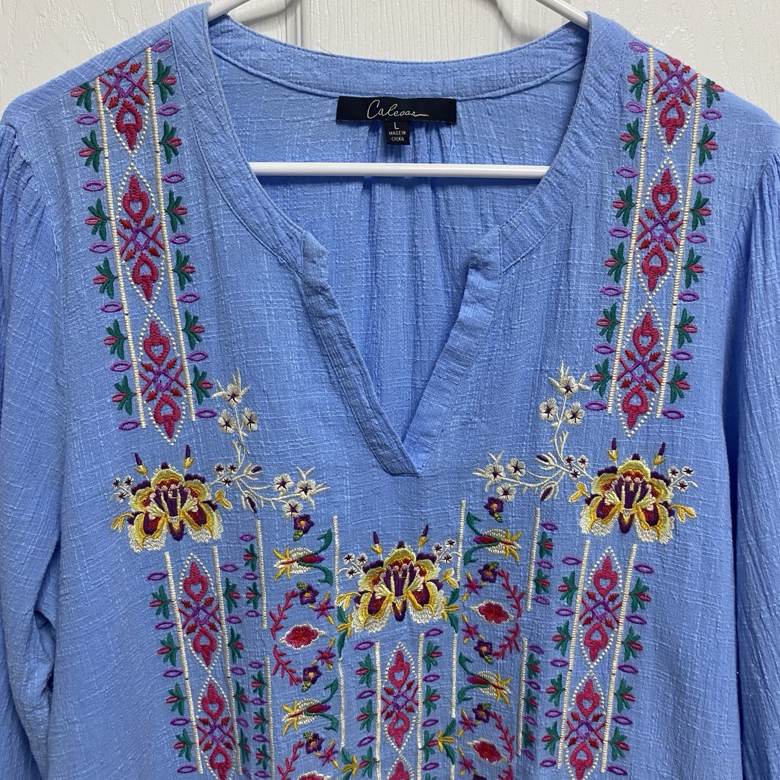 Calessa Women Fully Floral Embroidered Boho Peasant Tunic Top Blue Pink Yellow-L