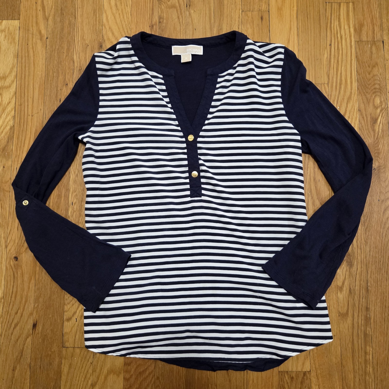 Michael Kors Convertible Sleeve Navy Blue And White Chiffon Accent Size Medium
