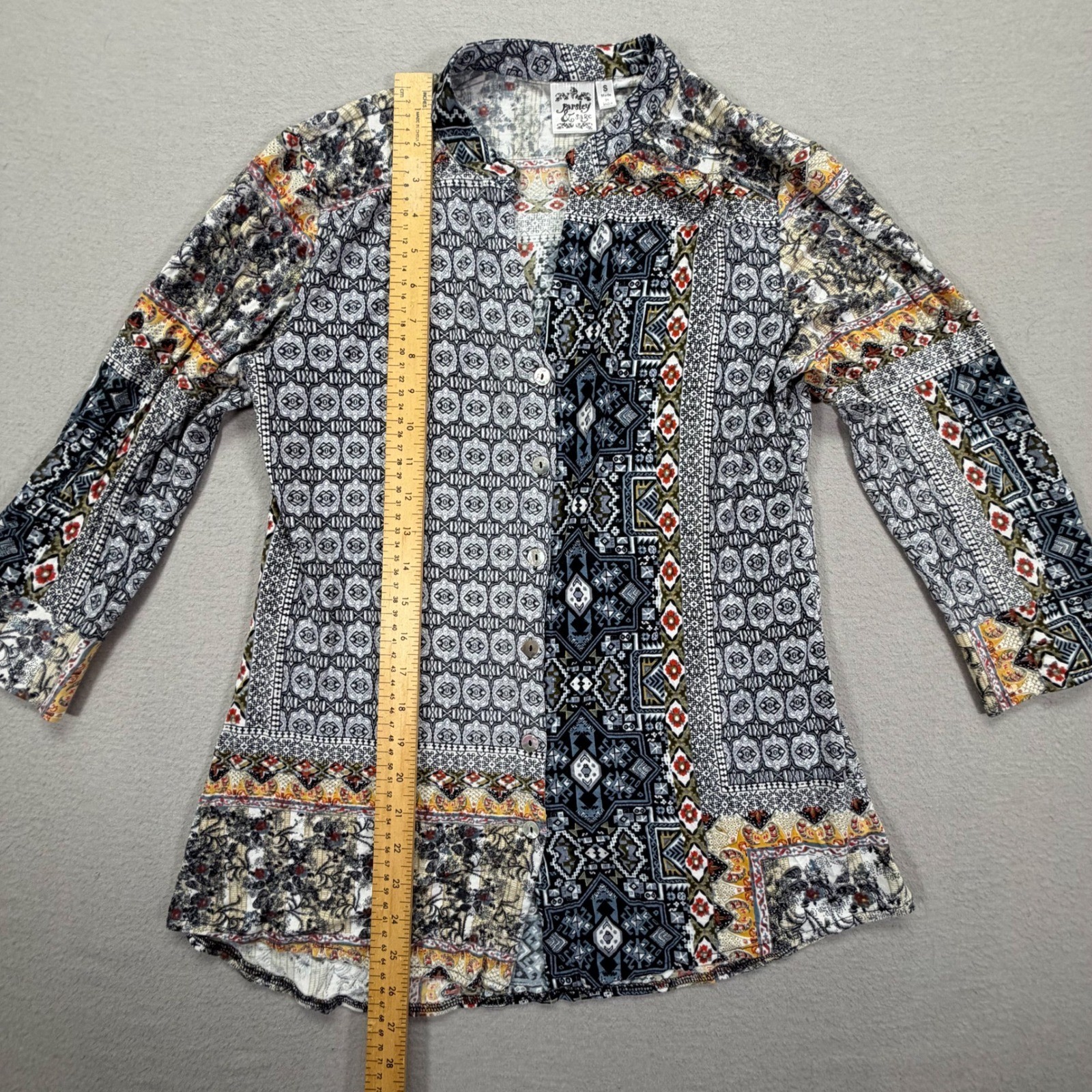 Parsley & Sage Womens Button Up Relaxed Multicolor Patchwork Print Top Size S