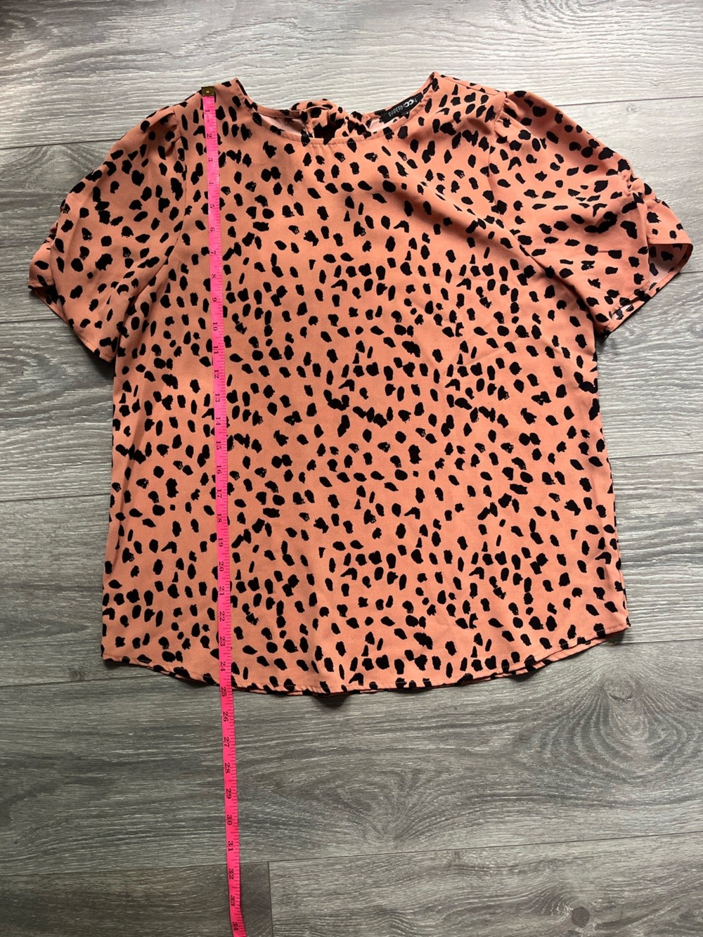 Paper Moon Pink Tan Black Spotted Short Sleeve Tie Back Blouse Top Size S Work