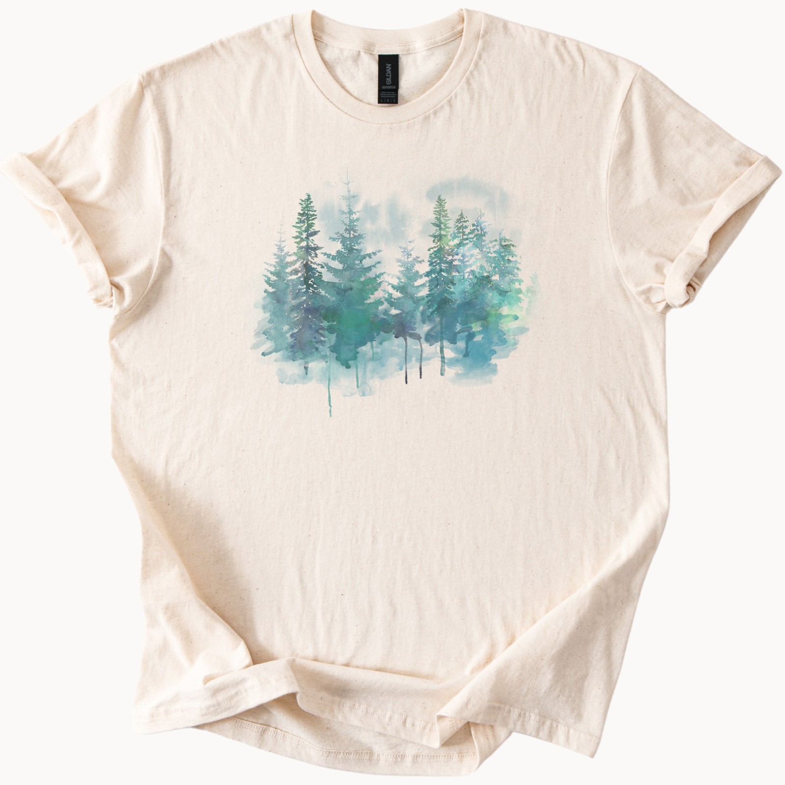 Forest Trees Watercolor Shirt Green Blue Graphic Tee Nature Mountain Top