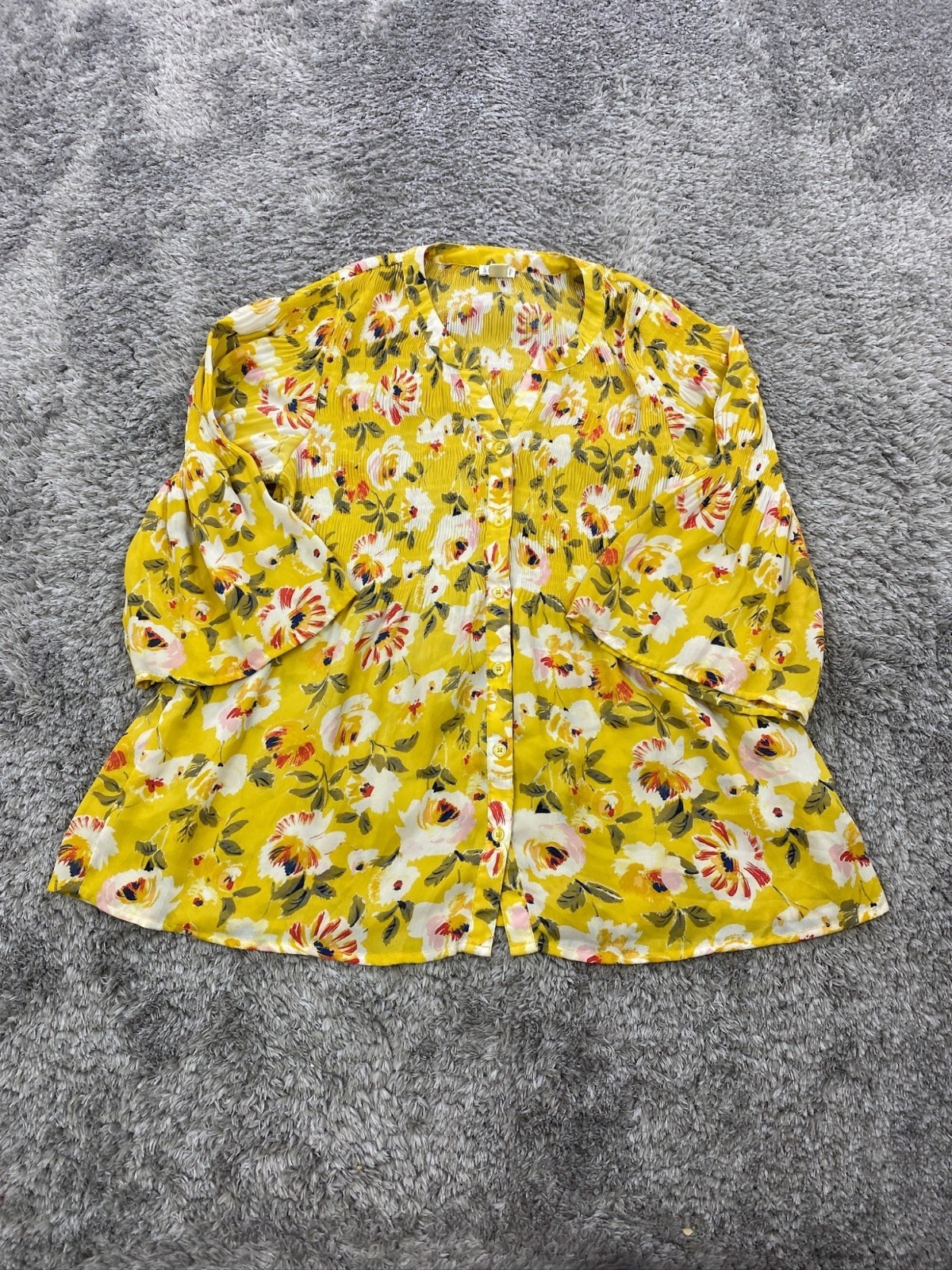 Spense Top Women Small Yellow Floral Peasant Seersucker Flowy Blouse Artsy Tunic