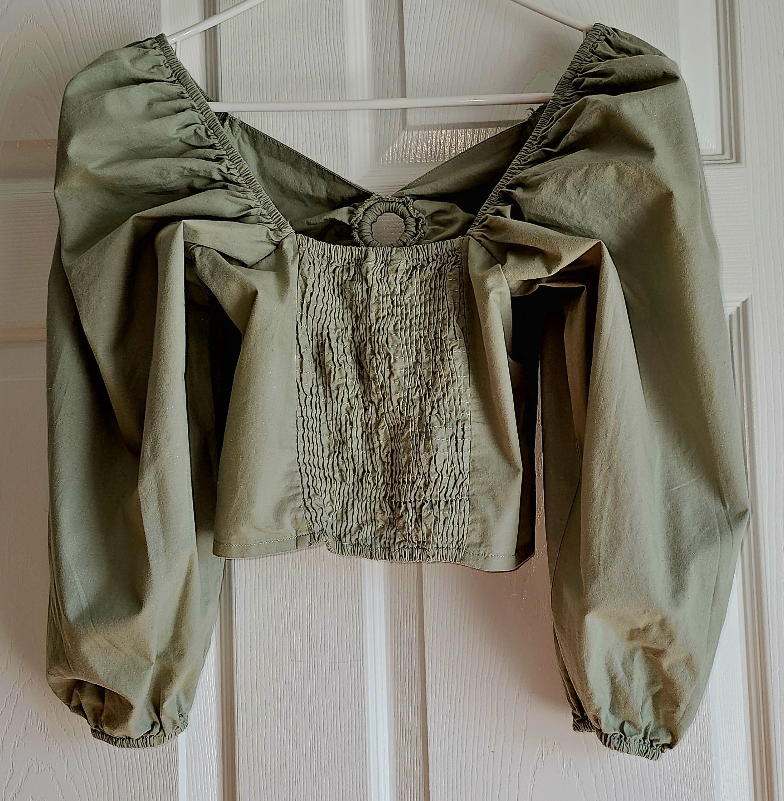 Floral Puff Sleeve Smocked Cropped Top Cottagecore Romantic Peasant Boho Green S