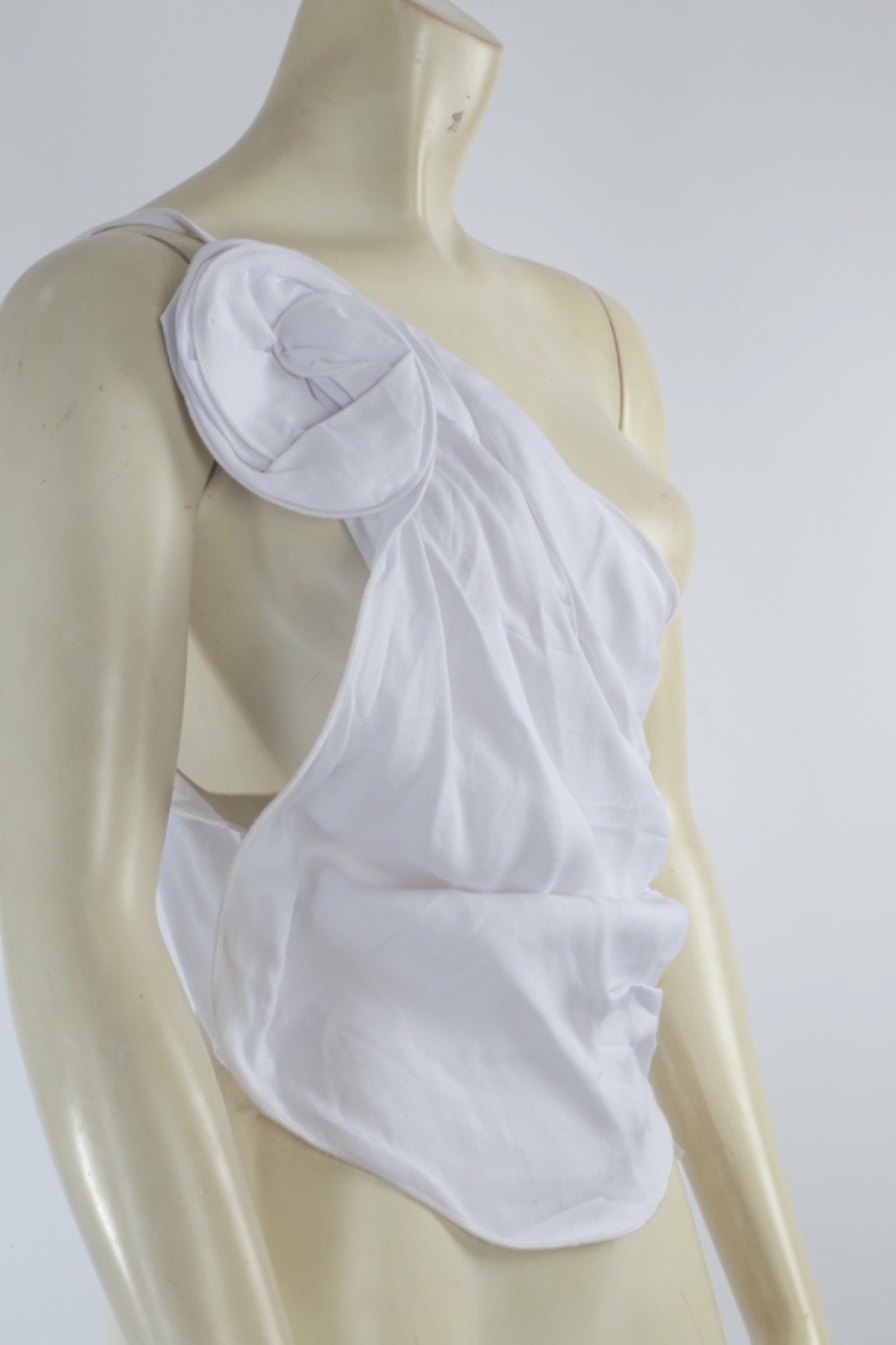 White One Shoulder Rosette Top Size S Ruched Drape Asymmetric Cotton Blouse