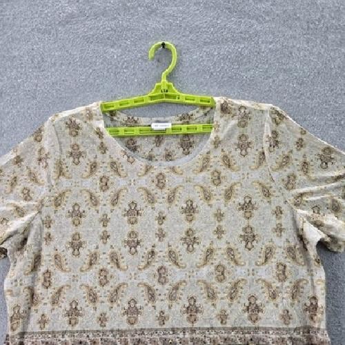 Laura Scott Women Shirt 2X Beige Paisley Beaded Crew Neck Pullover