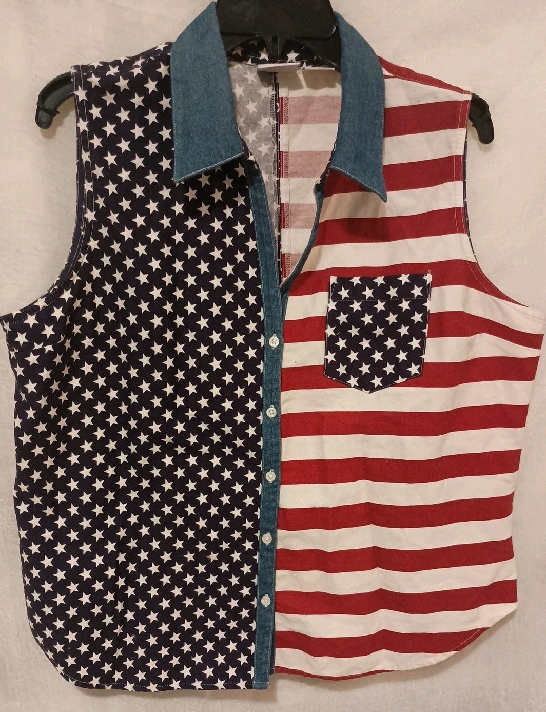 Classic-Carolina Blues American Blouse-Flag Patriotic- Sleeveless Denim-XL-VTG