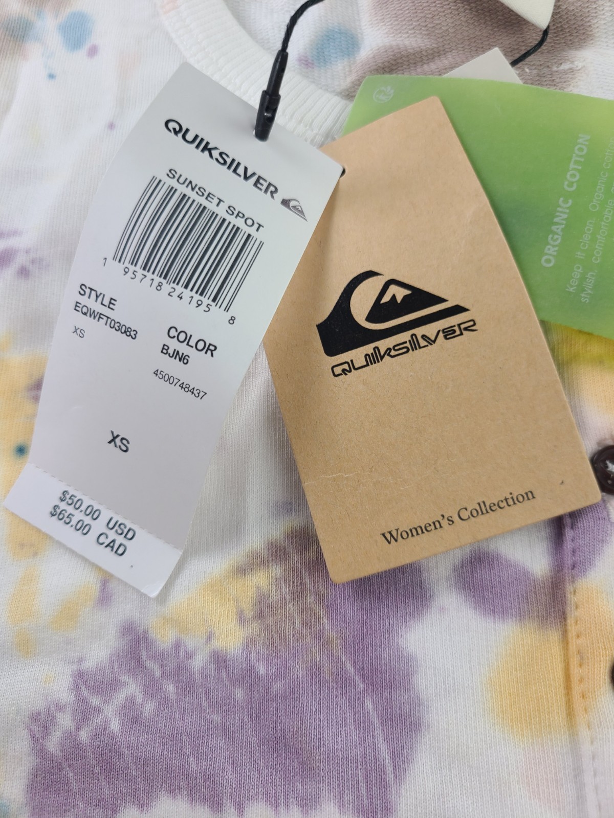 Quiksilver Womens Sunset Spot Tie Dye Long Sleeve Shirt Organic Cotton XS NWT