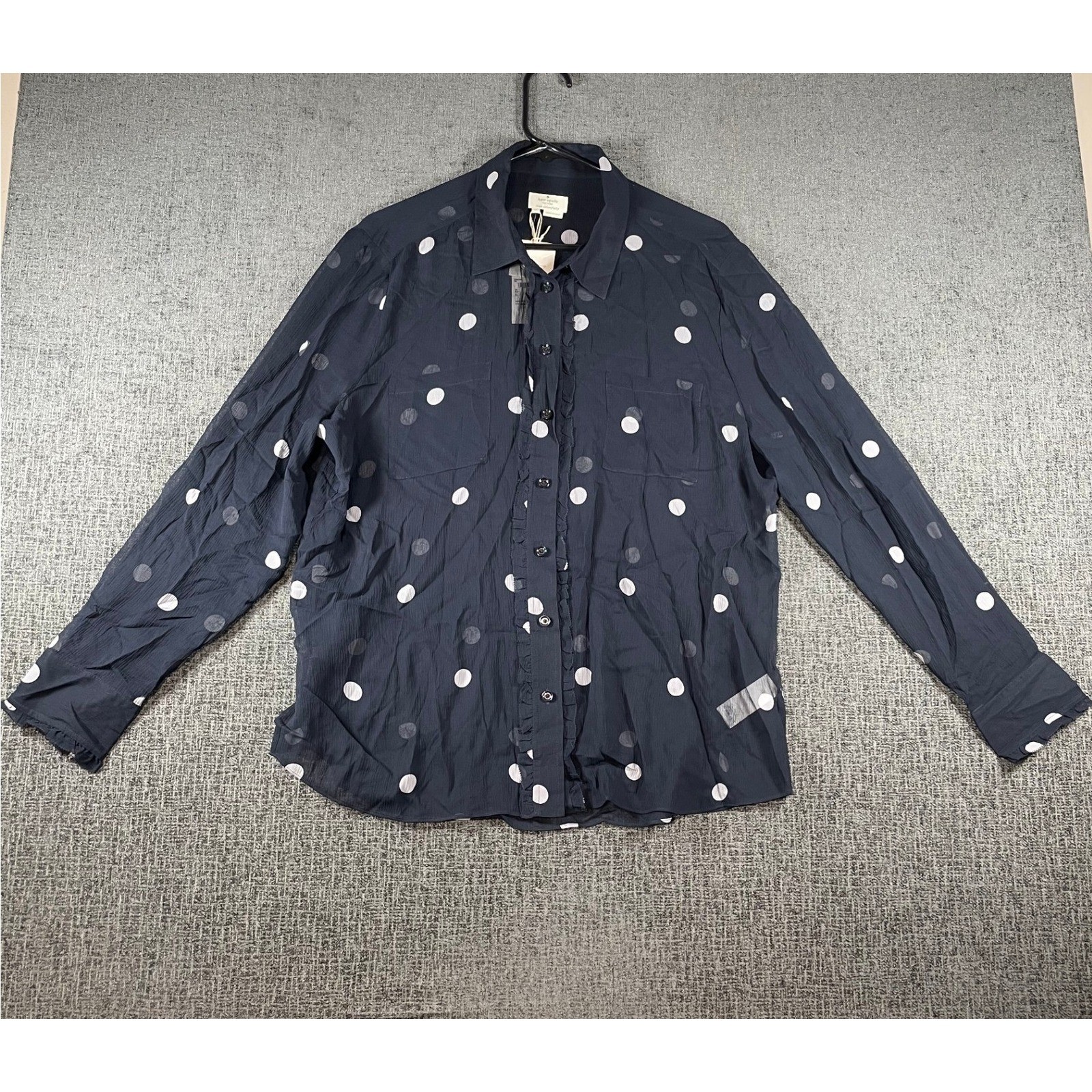 Kate Spade Tiny Spotlight Chiffon Shirt Ink Blue Polka Dot Ruffle XL NWT